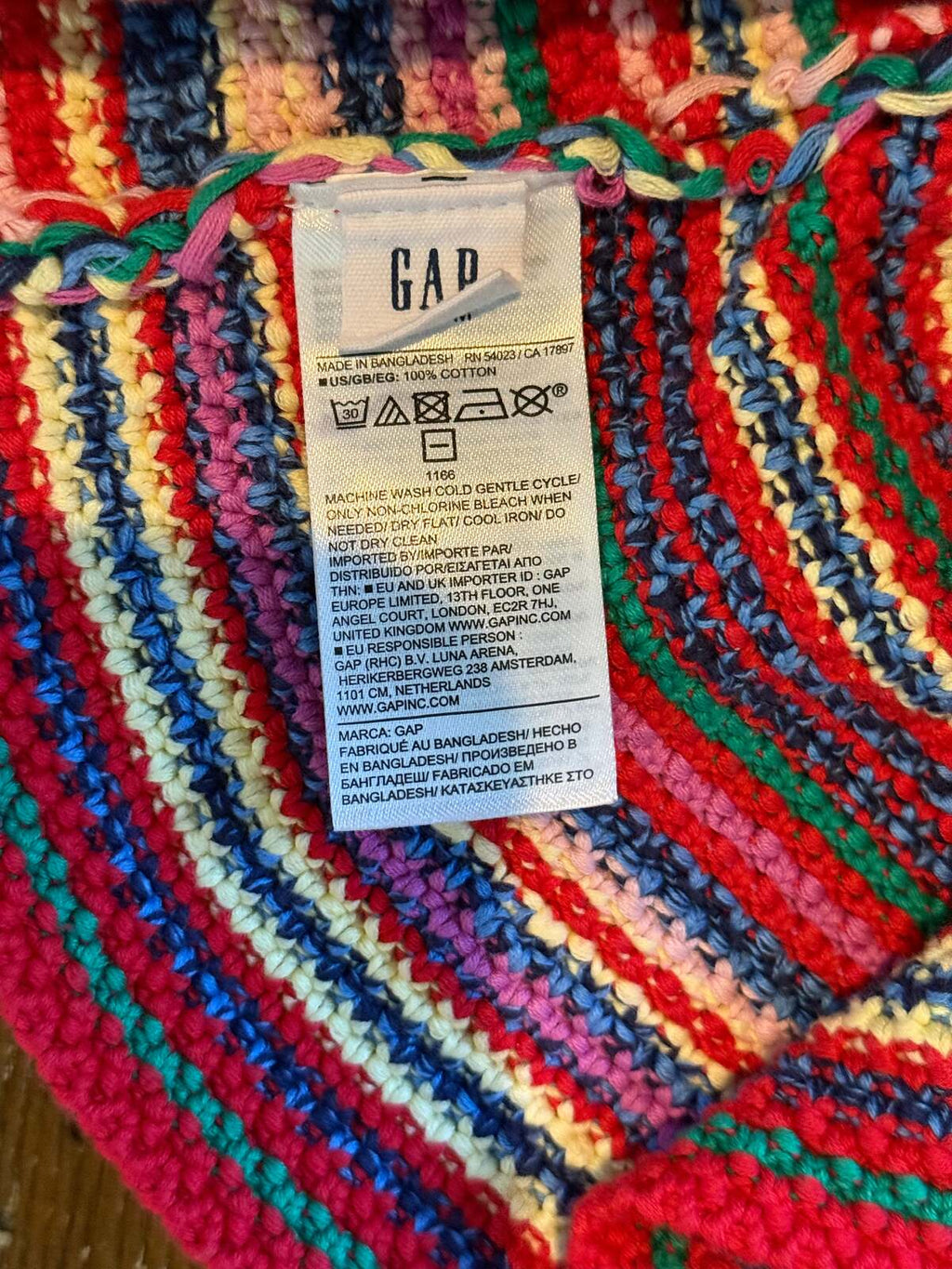 GAP Multicolor Crochet Stripe Bucket Hat – 100% Cotton Y2K Boho