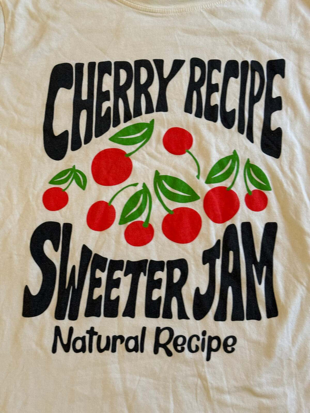 Pull&Bear Cherry Recipe Graphic Tee – Cream White Retro Fruit T-Shirt – Size M