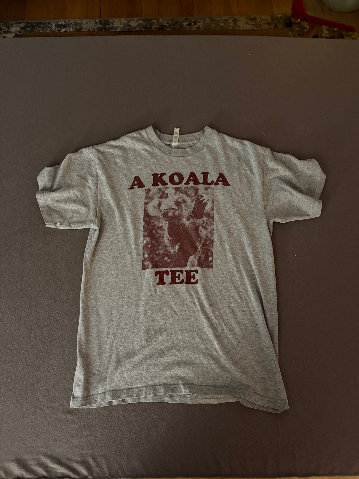 Vintage A Koala Tee Heather Gray Graphic T-Shirt – Faded Red Koala Print – Made in USA