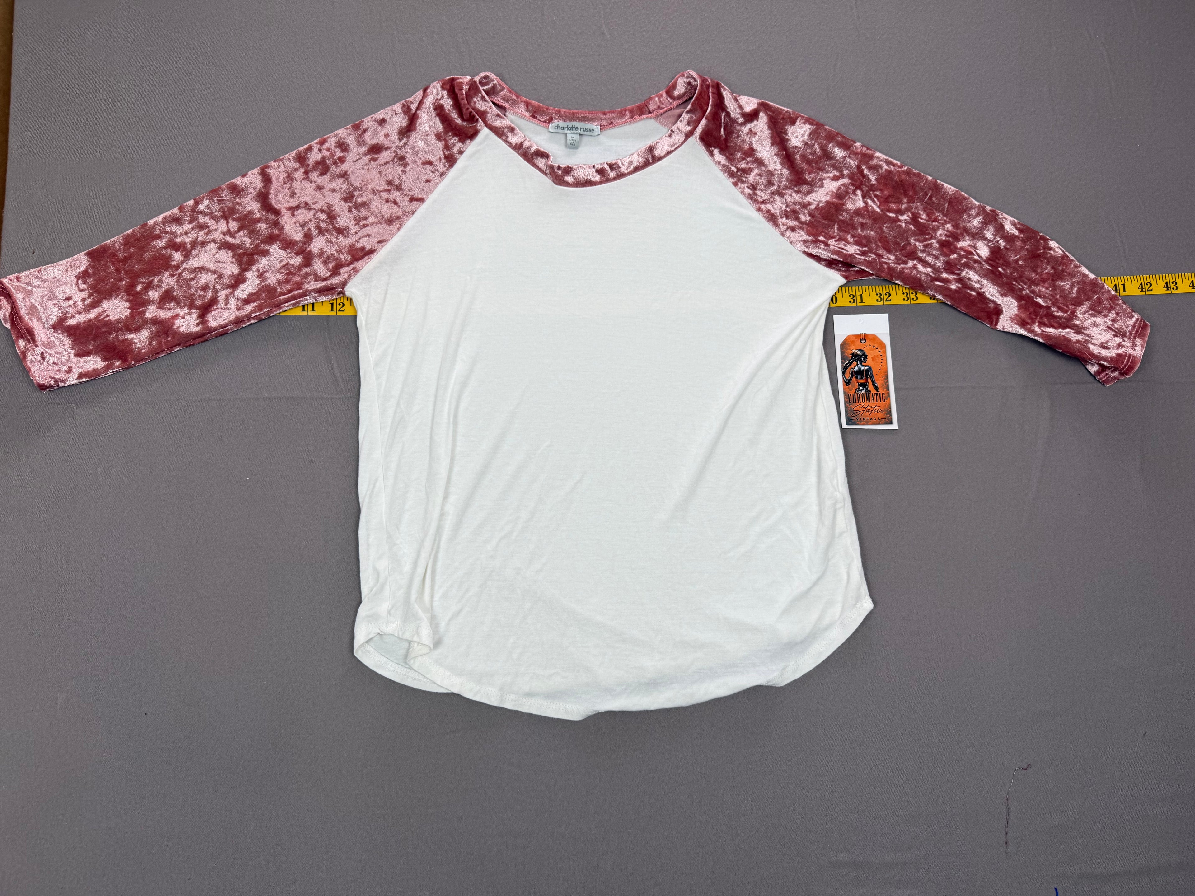Charlotte Russe – Women’s Raglan Velour-Trim Top – Size: Medium – Color: White / Pink