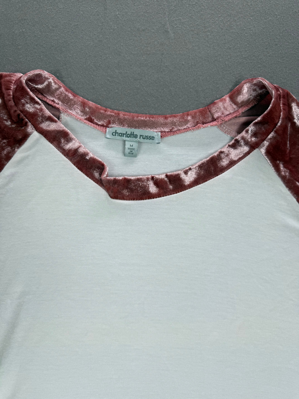 Charlotte Russe – Women’s Raglan Velour-Trim Top – Size: Medium – Color: White / Pink