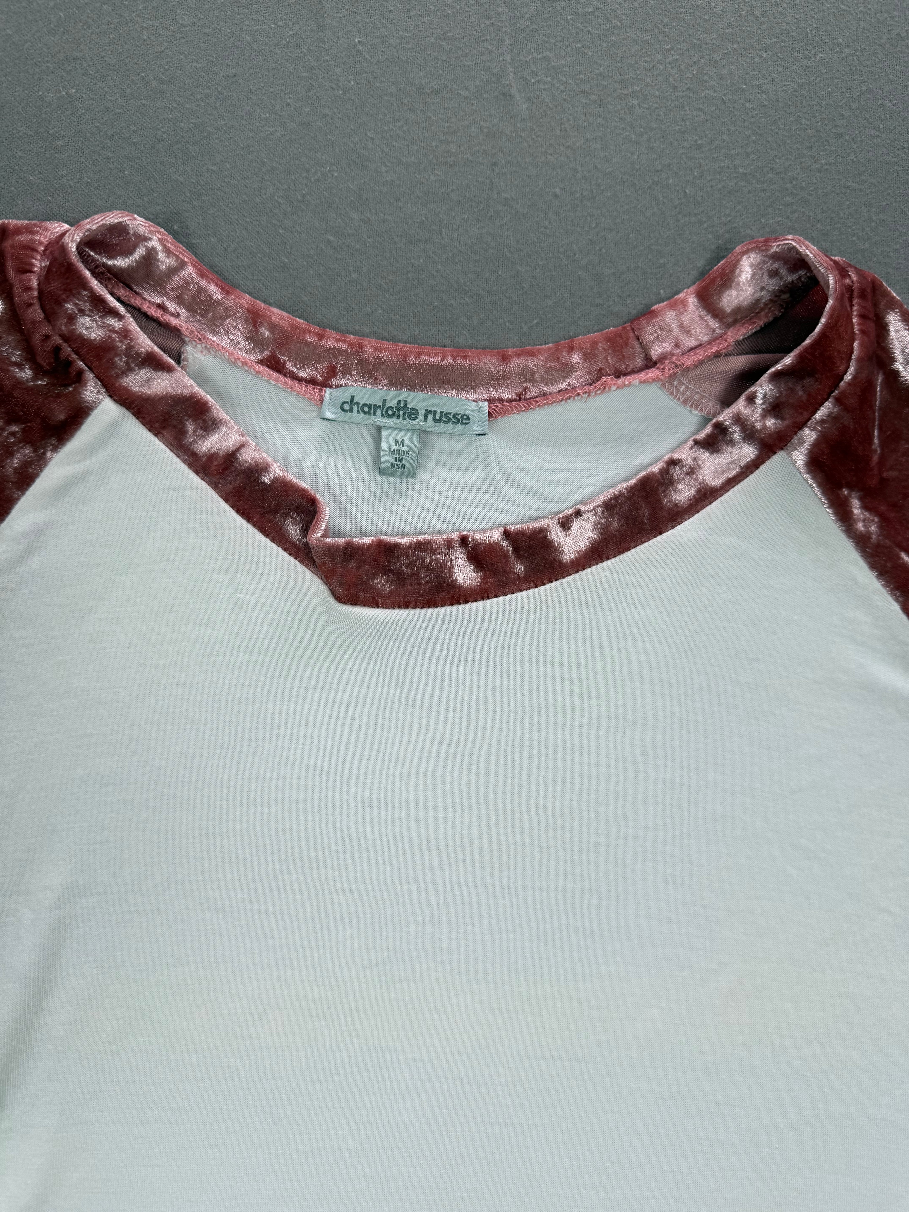 Charlotte Russe – Women’s Raglan Velour-Trim Top – Size: Medium – Color: White / Pink