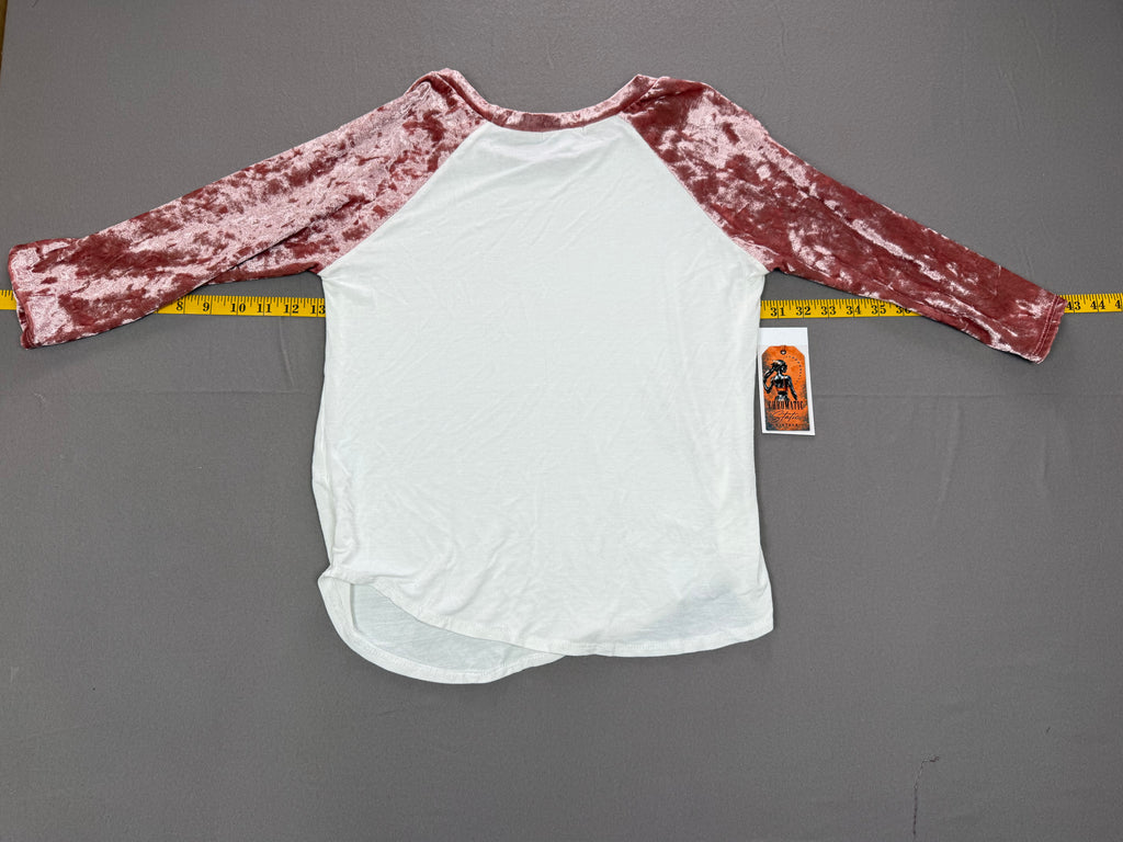 Charlotte Russe – Women’s Raglan Velour-Trim Top – Size: Medium – Color: White / Pink