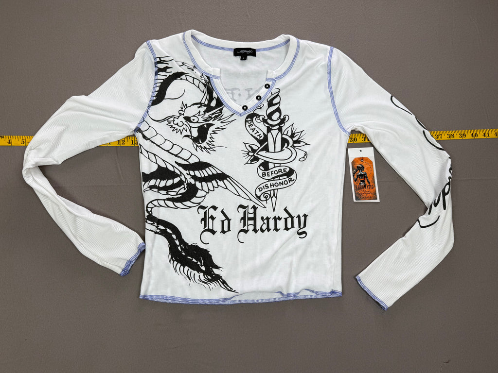 Ed Hardy – Women’s Graphic Thermal Long-Sleeve Shirt – Size: Large – Color: White / Black – Neckline: V-Neck