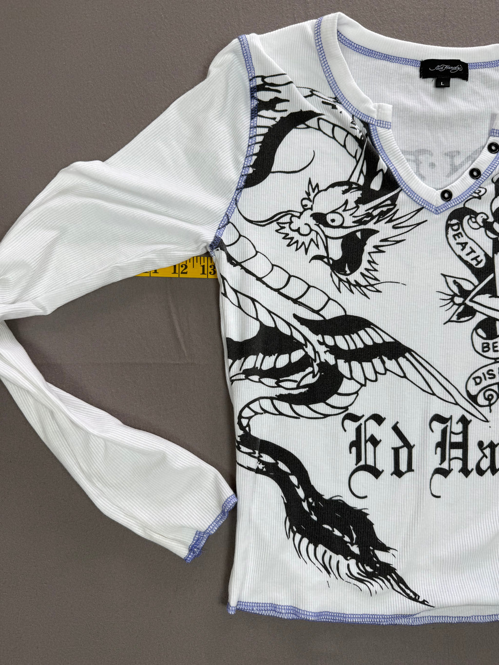 Ed Hardy – Women’s Graphic Thermal Long-Sleeve Shirt – Size: Large – Color: White / Black – Neckline: V-Neck