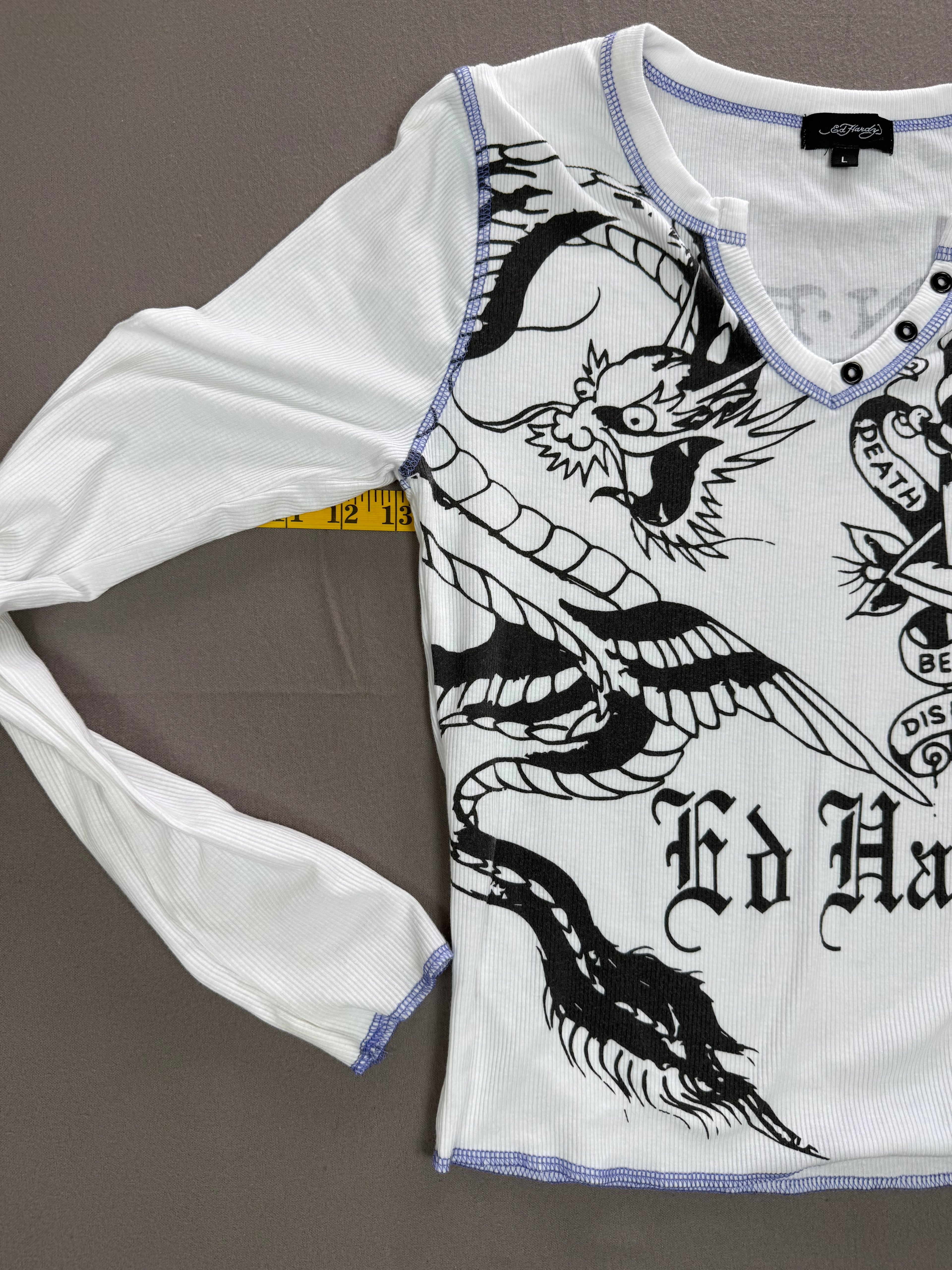 Ed Hardy – Women’s Graphic Thermal Long-Sleeve Shirt – Size: Large – Color: White / Black – Neckline: V-Neck