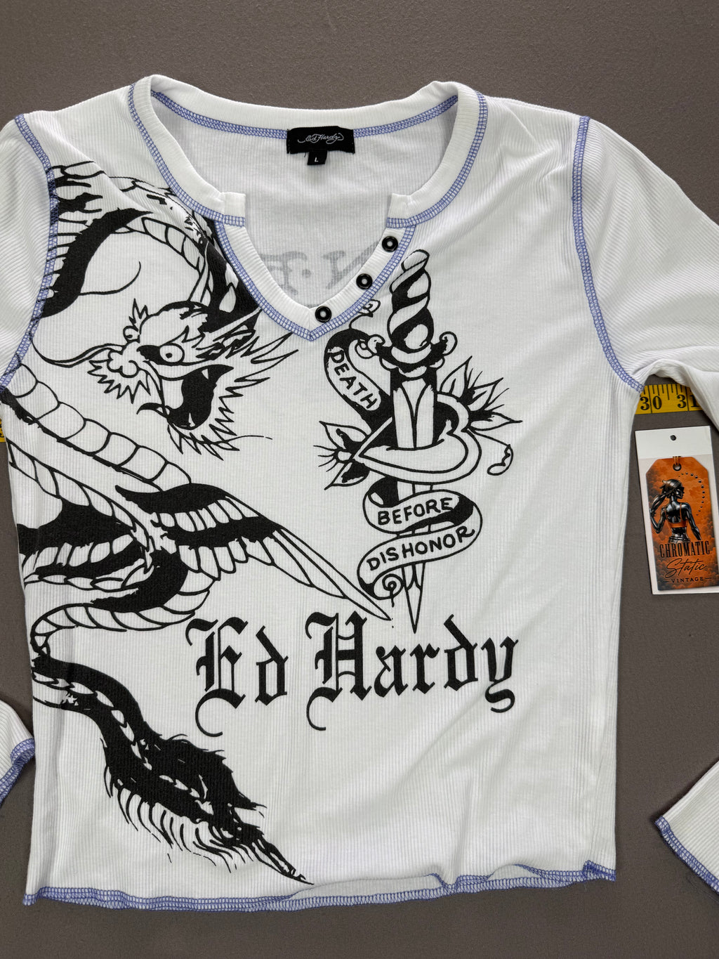 Ed Hardy – Women’s Graphic Thermal Long-Sleeve Shirt – Size: Large – Color: White / Black – Neckline: V-Neck