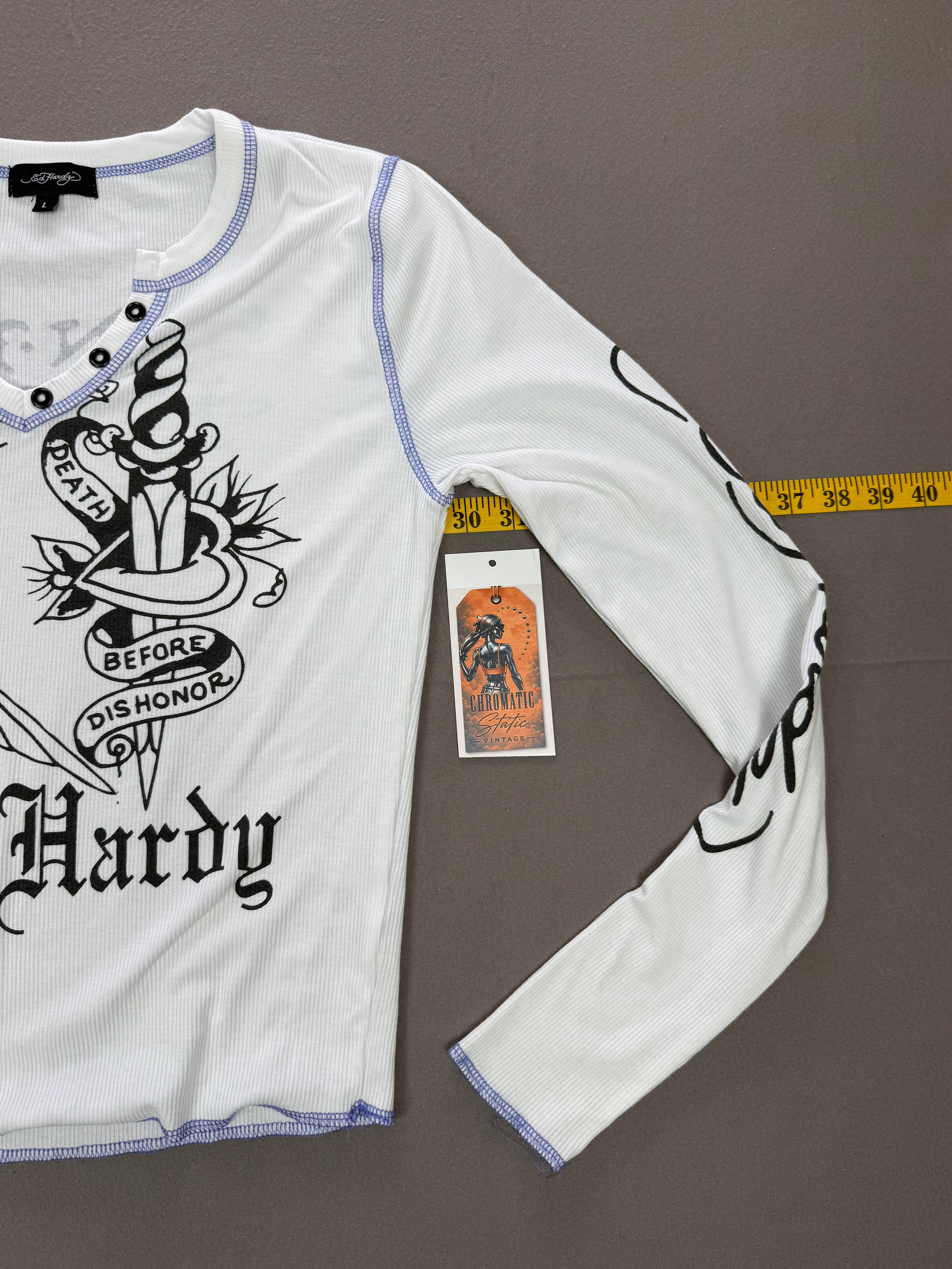 Ed Hardy – Women’s Graphic Thermal Long-Sleeve Shirt – Size: Large – Color: White / Black – Neckline: V-Neck