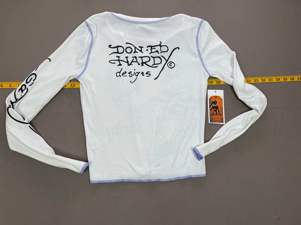 Ed Hardy – Women’s Graphic Thermal Long-Sleeve Shirt – Size: Large – Color: White / Black – Neckline: V-Neck