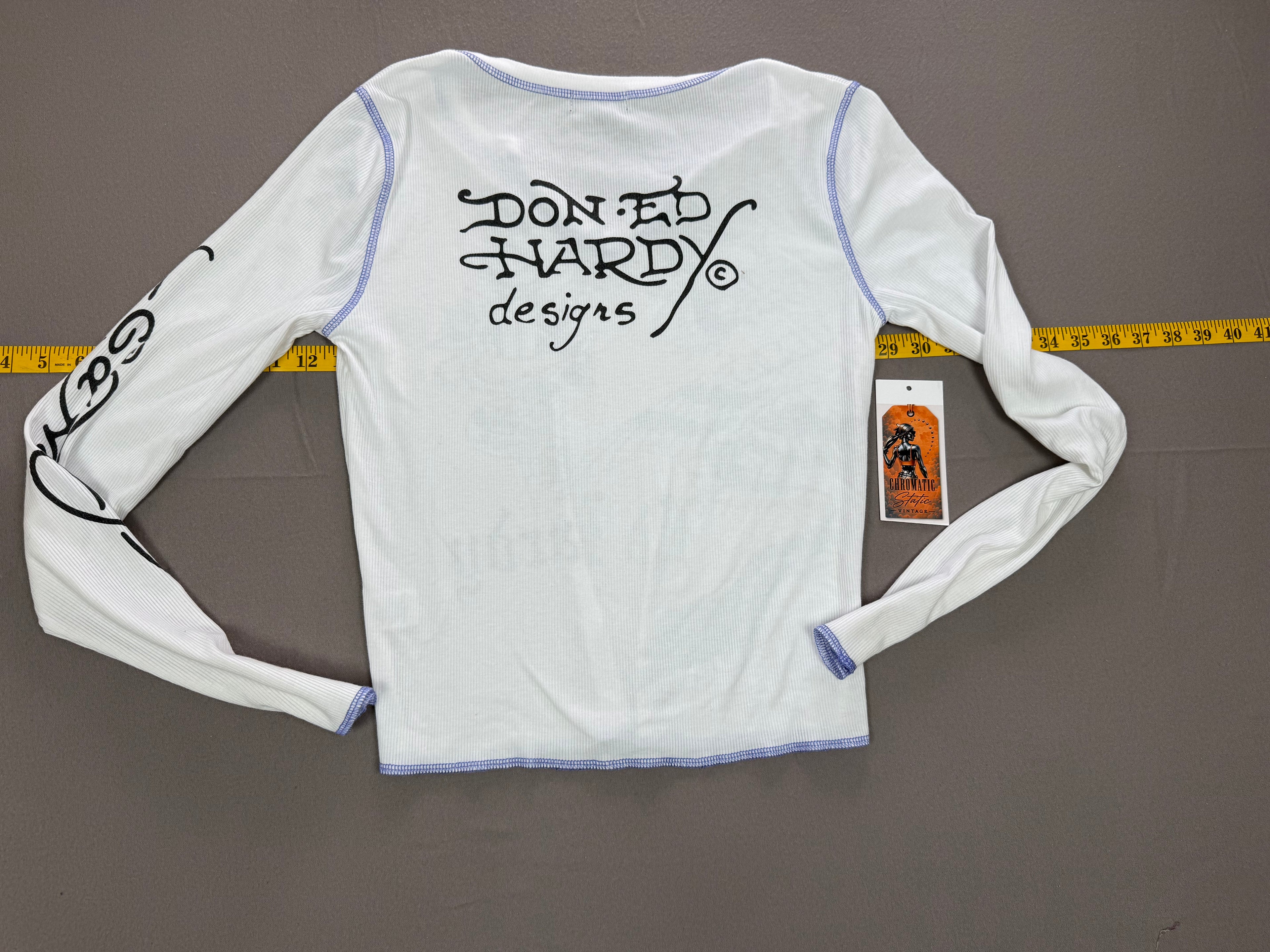 Ed Hardy – Women’s Graphic Thermal Long-Sleeve Shirt – Size: Large – Color: White / Black – Neckline: V-Neck