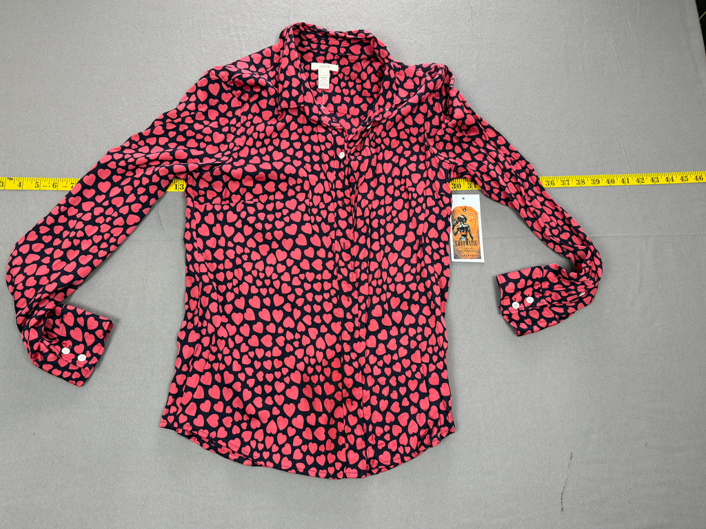 J.Crew – Women’s Silk Heart-Print Button-Down Shirt – Size: 6 – Color: Black / Red – Pattern: All-Over Red Hearts