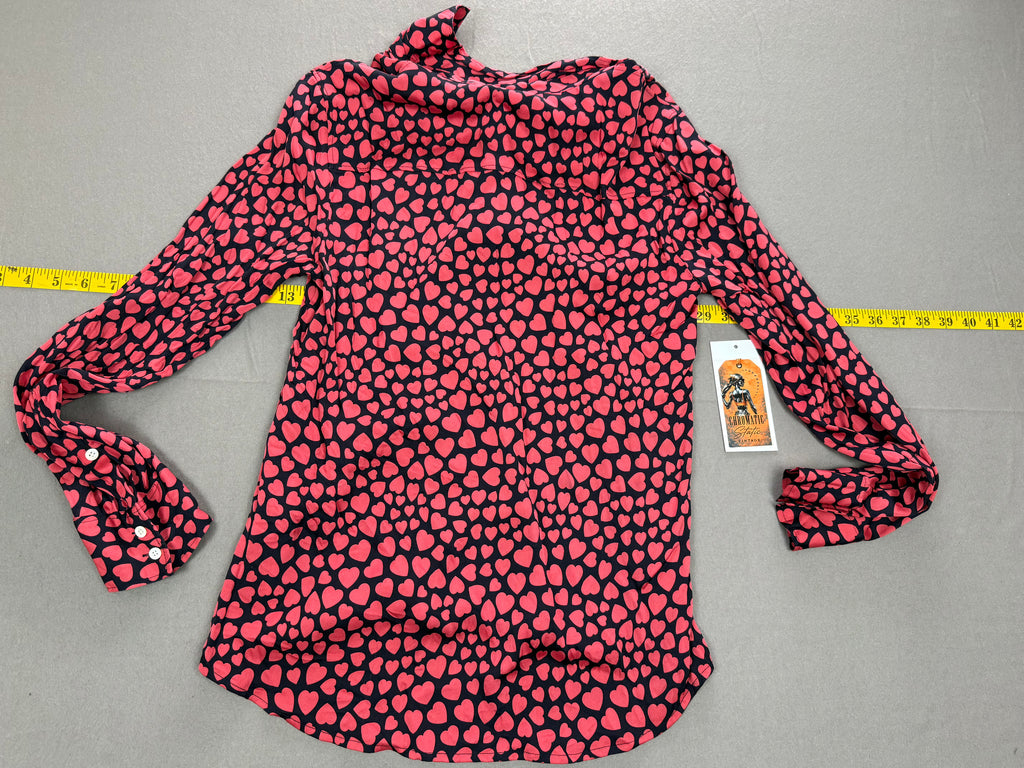 J.Crew – Women’s Silk Heart-Print Button-Down Shirt – Size: 6 – Color: Black / Red – Pattern: All-Over Red Hearts