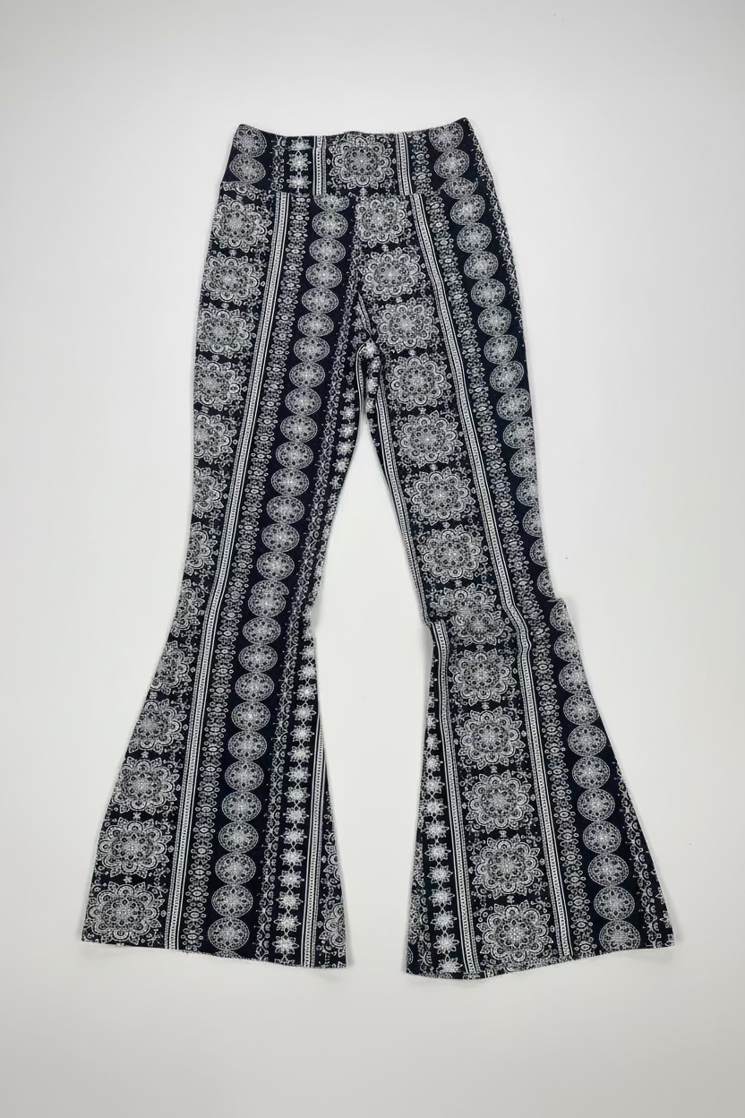 Satina Blue & White Geometric Flare Pants