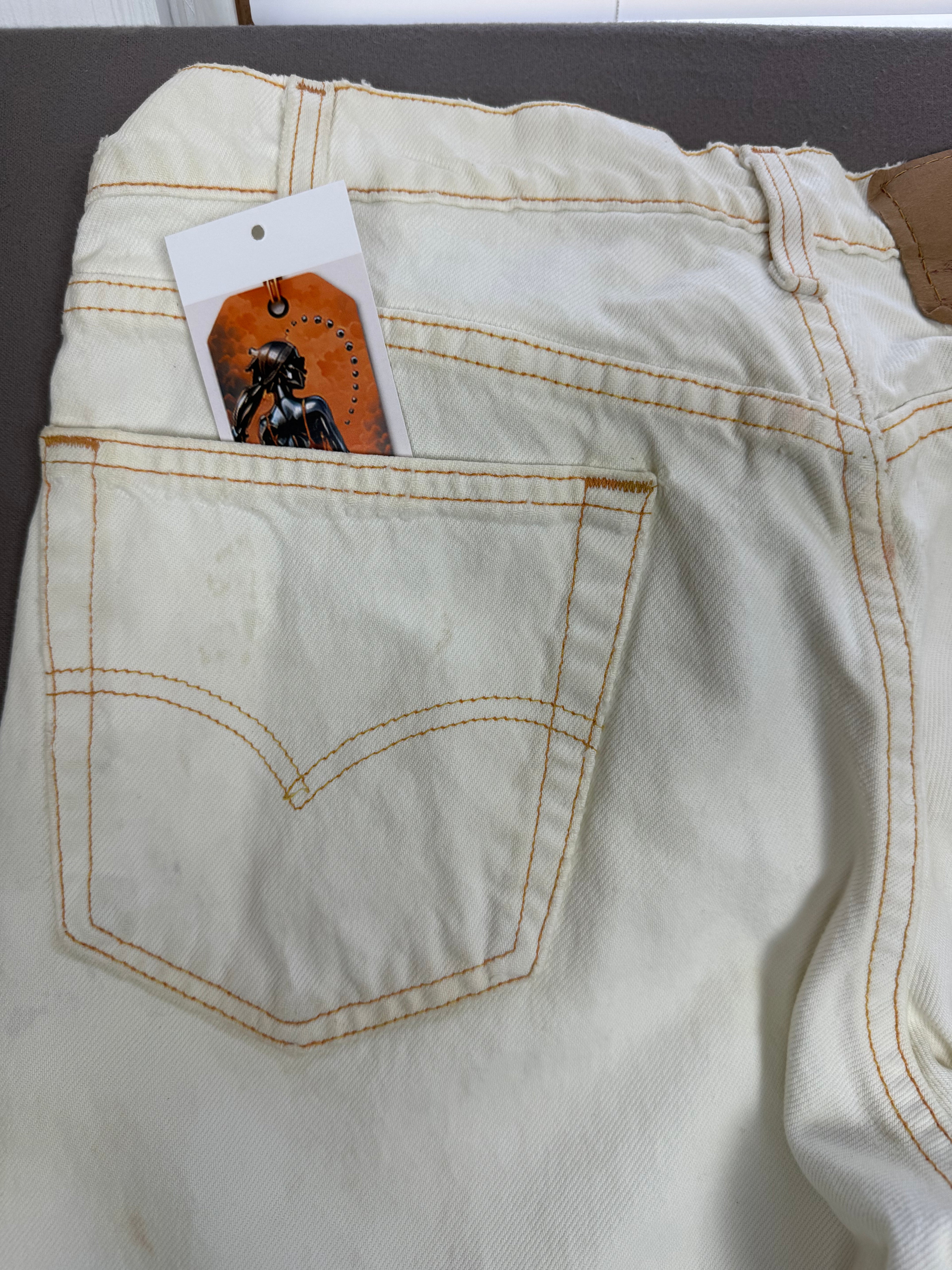 Vintage Levi’s 550 Antique White Jeans with Faded Neon Lime Hem