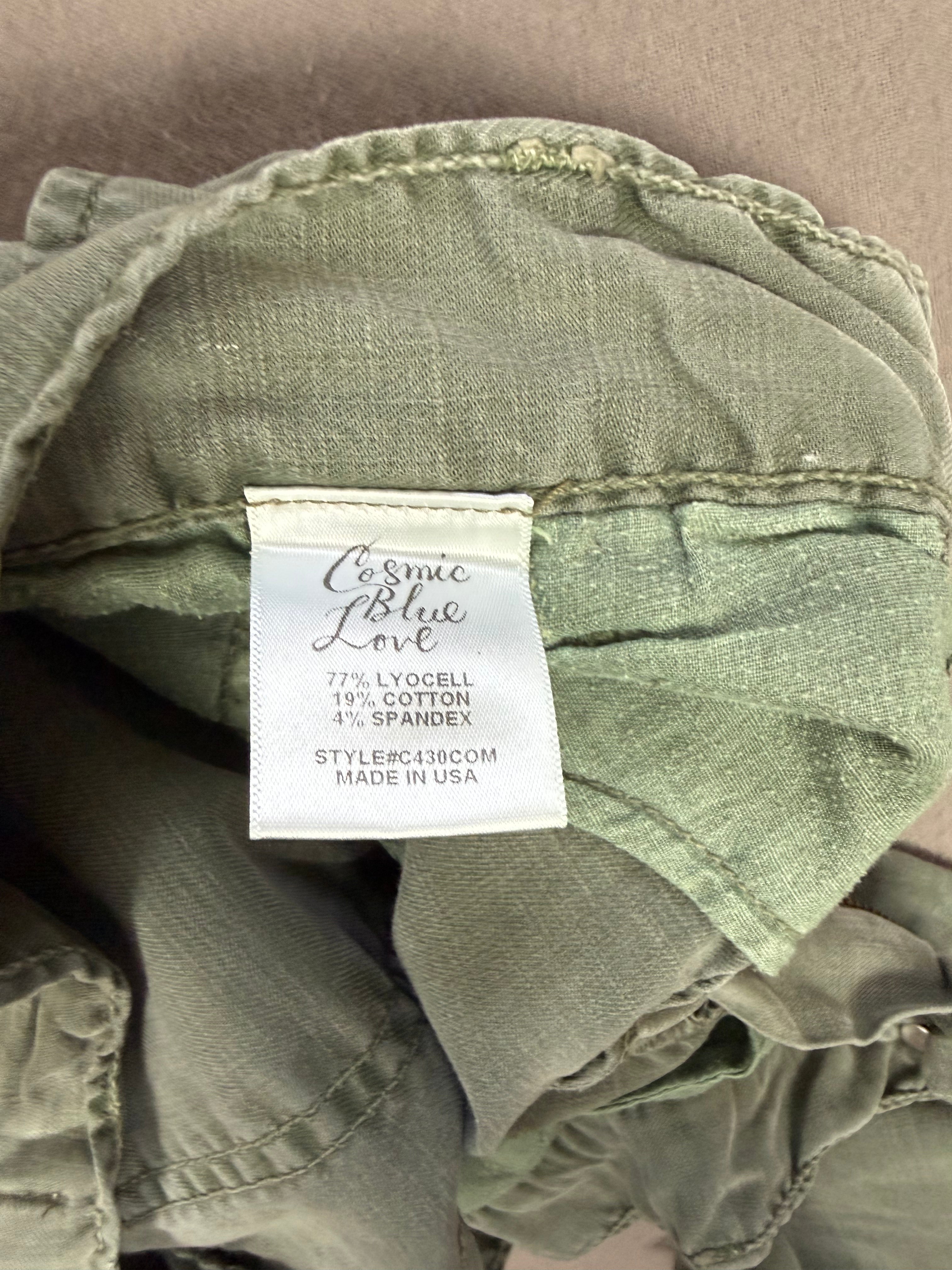 Cosmic Blue Love Army Green Lyocell Cotton Stretch Pants