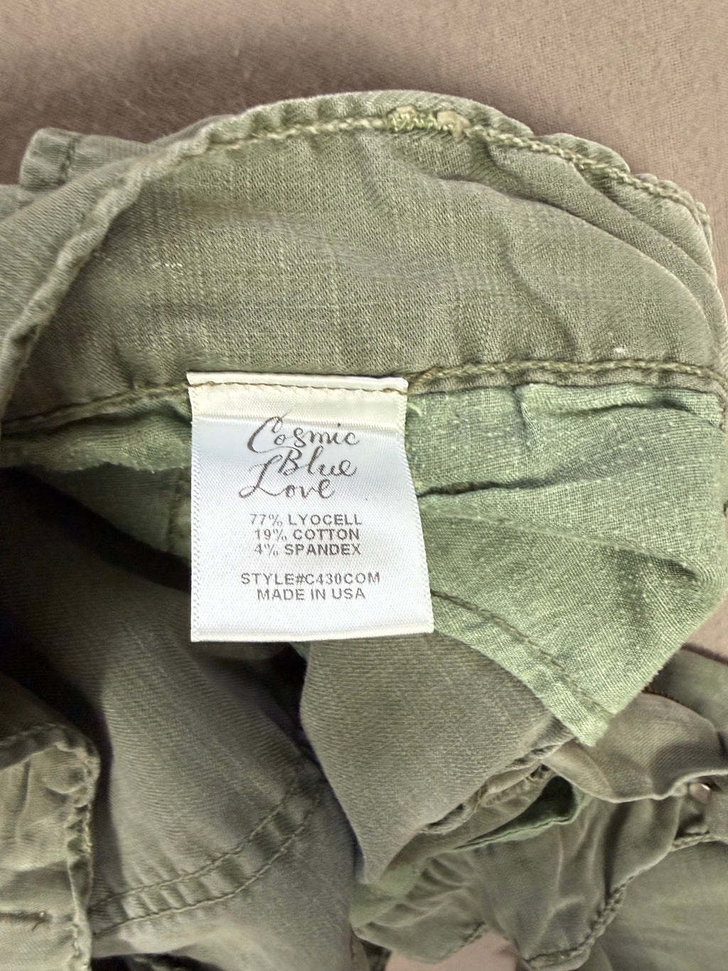 Cosmic Blue Love Army Green Lyocell Cotton Stretch Pants