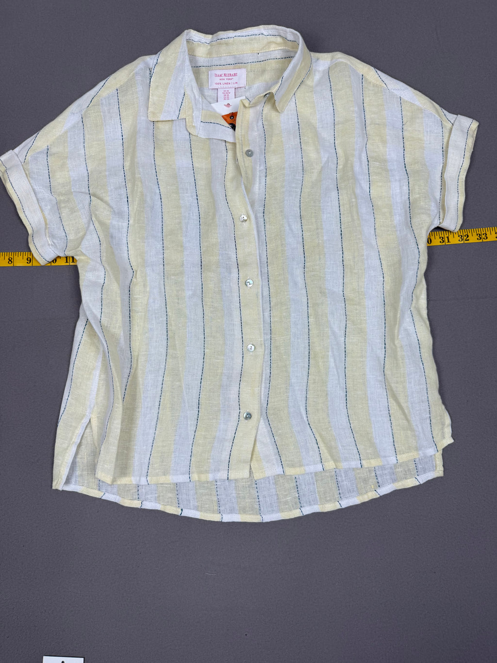 Isaac Mizrahi New York – Striped Linen Short-Sleeve Button-Down Shirt – US XS