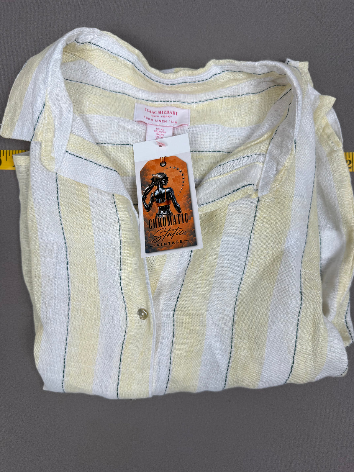 Isaac Mizrahi New York – Striped Linen Short-Sleeve Button-Down Shirt – US XS