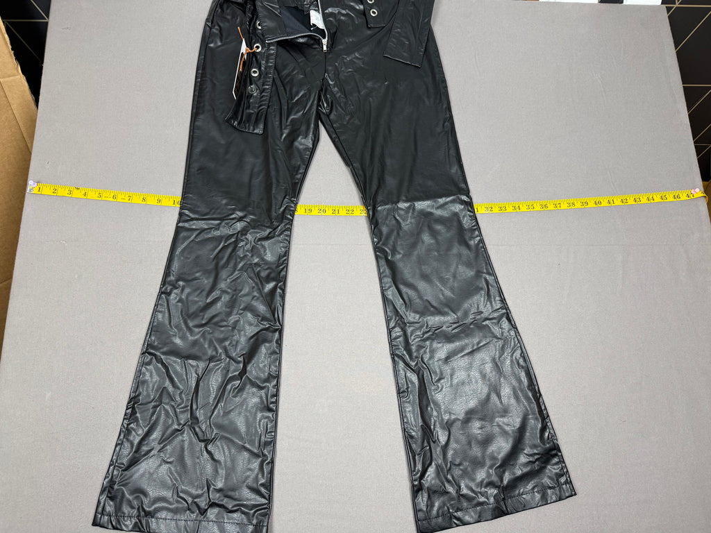 Y2K SUPI STROLL Black Faux Leather Belted Flare Pants – Early 2000s