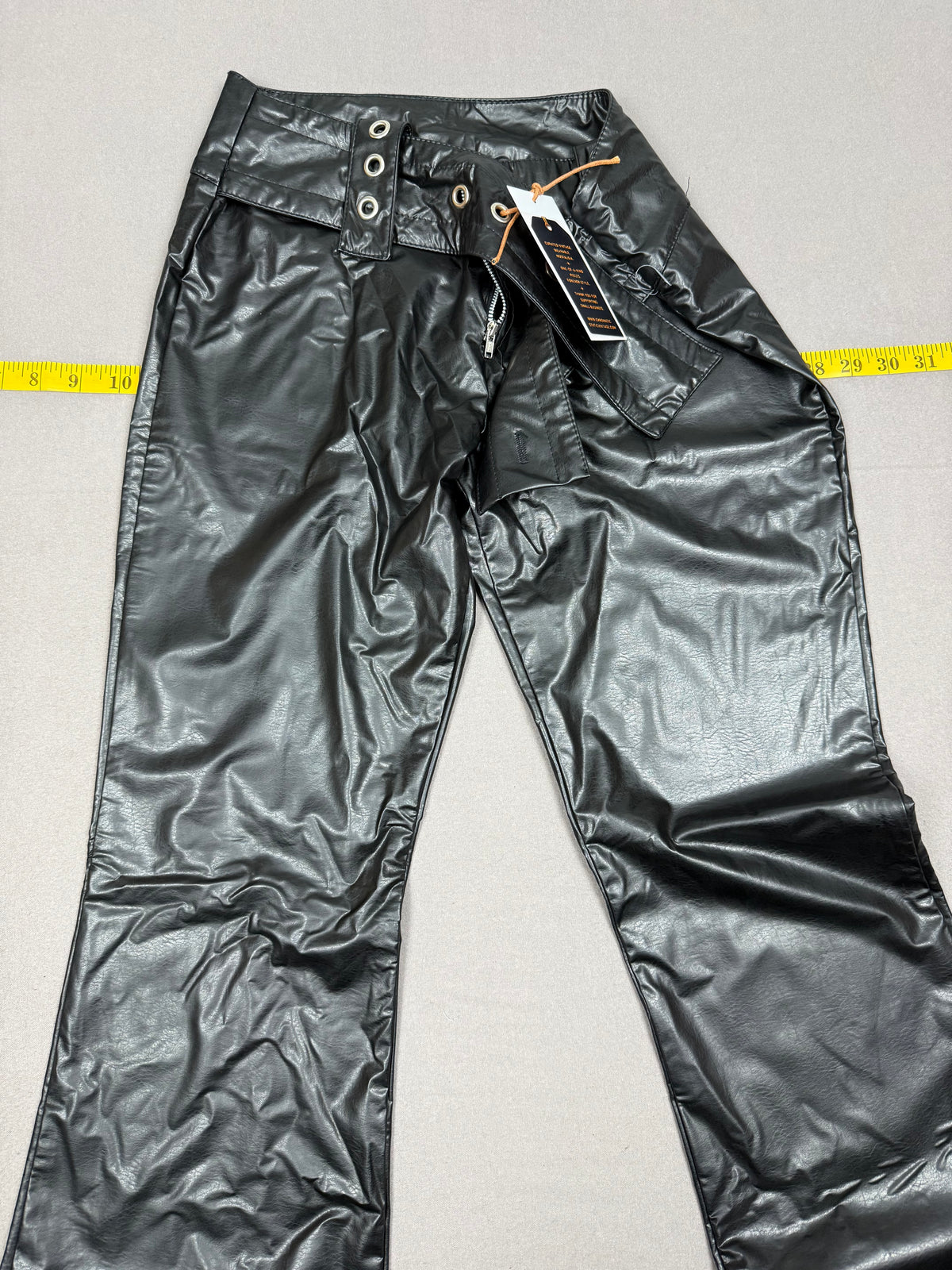 Y2K SUPI STROLL Black Faux Leather Belted Flare Pants – Early 2000s