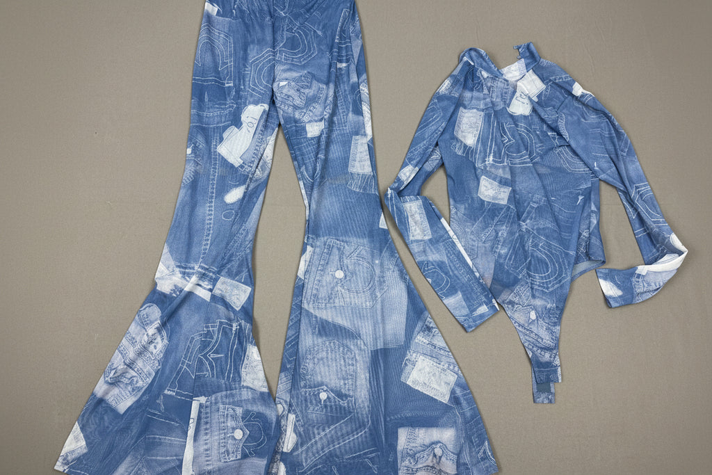 True Religion Mesh Denim-Print Bodysuit & Pants Set