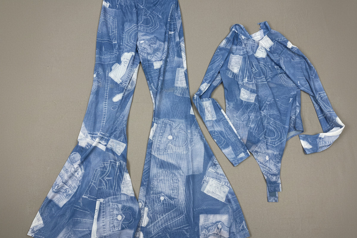 True Religion Mesh Denim-Print Bodysuit & Pants Set