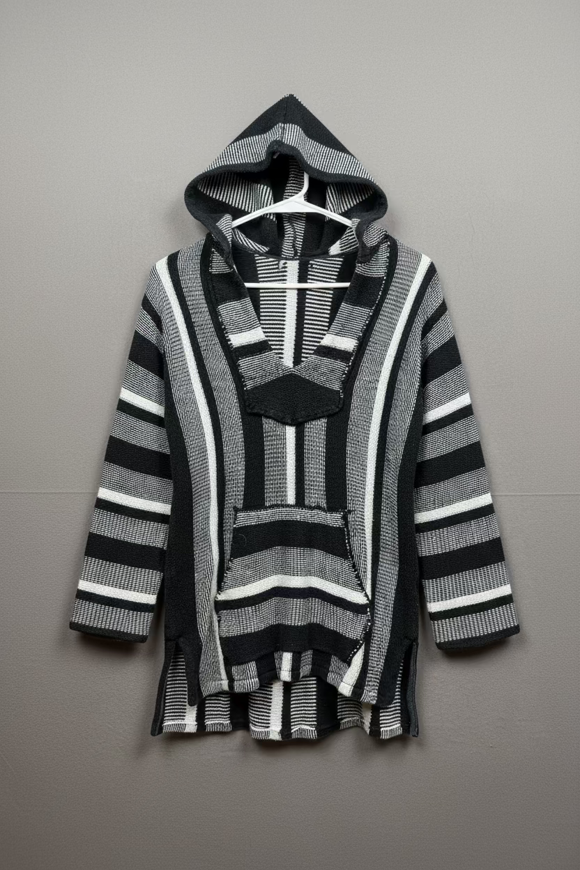 Vintage-Inspired Black & White Hooded Poncho