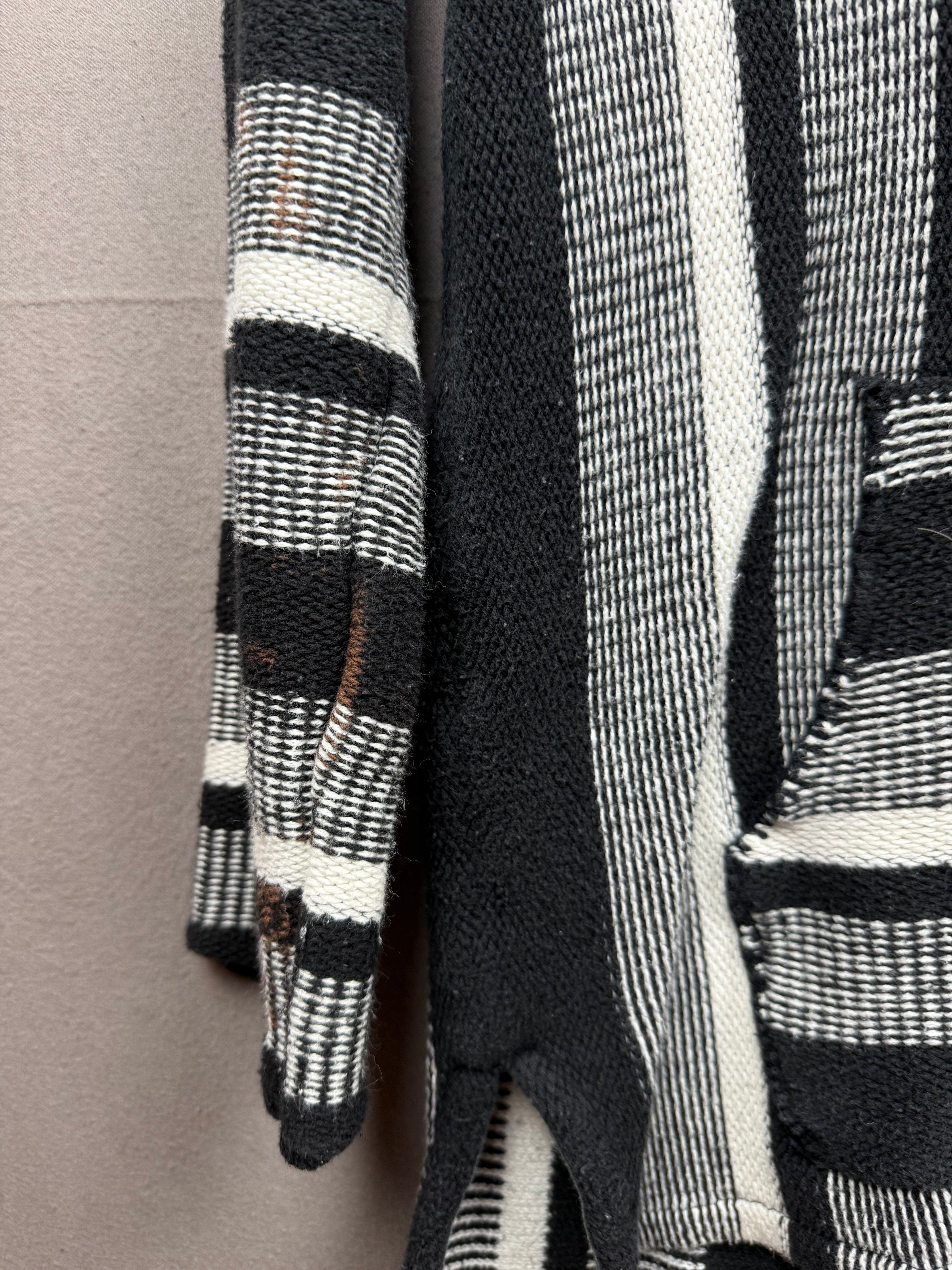 Vintage-Inspired Black & White Hooded Poncho