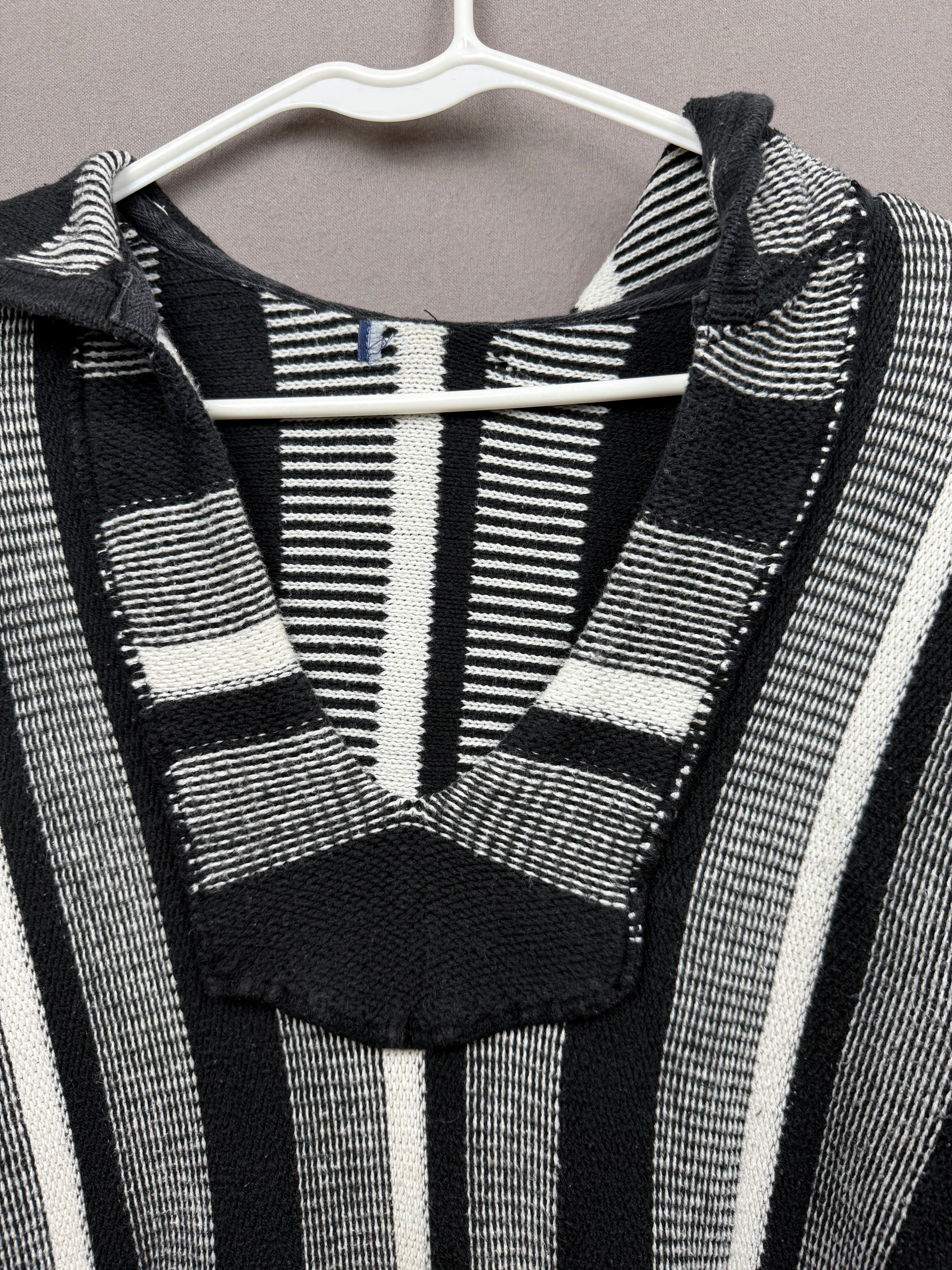 Vintage-Inspired Black & White Hooded Poncho