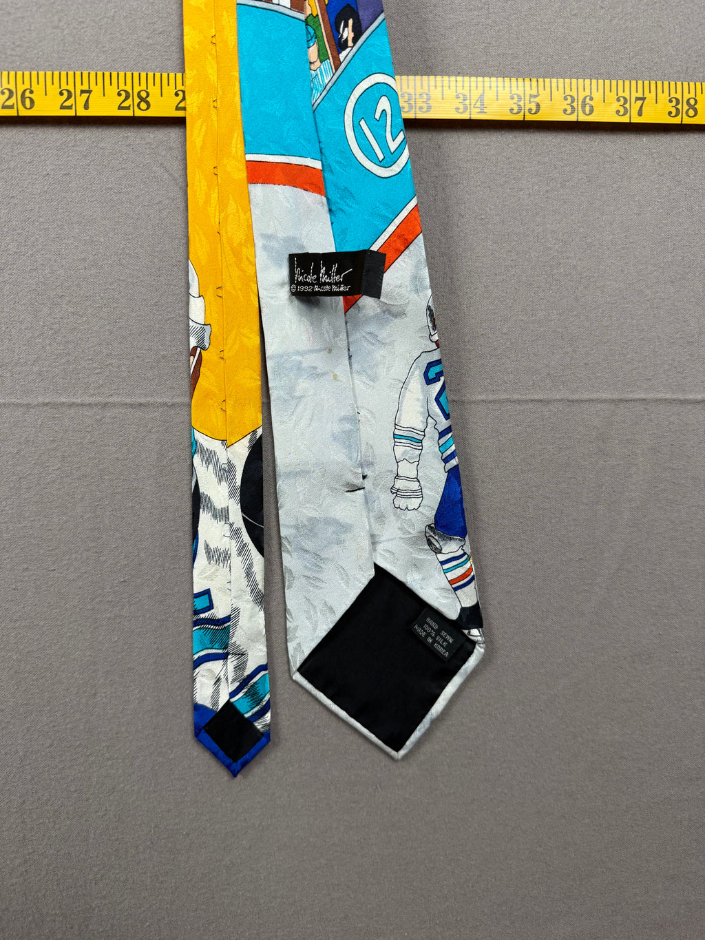 Vintage 1992 Nicole Miller Hockey Theme 100% Silk Necktie – Hand Sewn – 56"