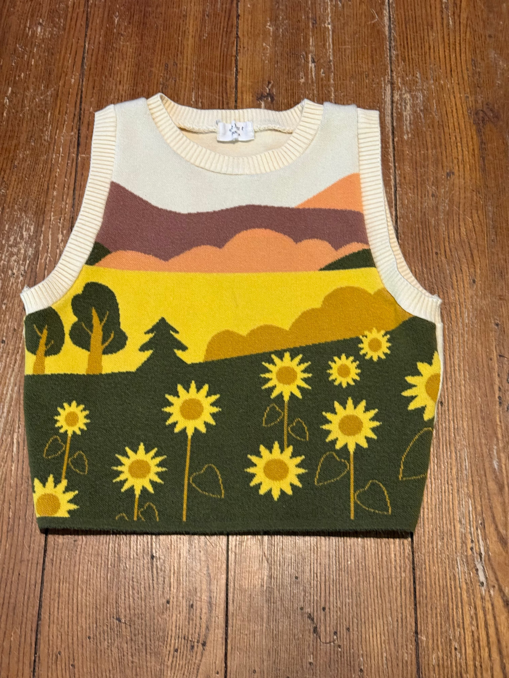 Vintage De Blanc Sunflower Landscape Knit Crop Top Made in USA Retro 70s Style