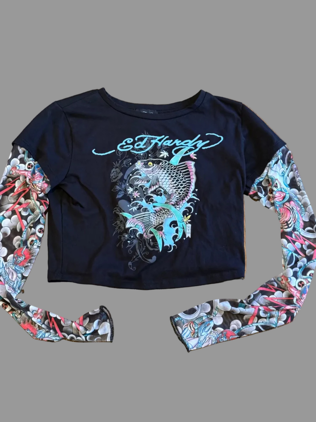 Ed Hardy Y2K Tattoo Graphic Layered Long Sleeve Crop Top – Black Koi Fish Mesh Sleeve Tee