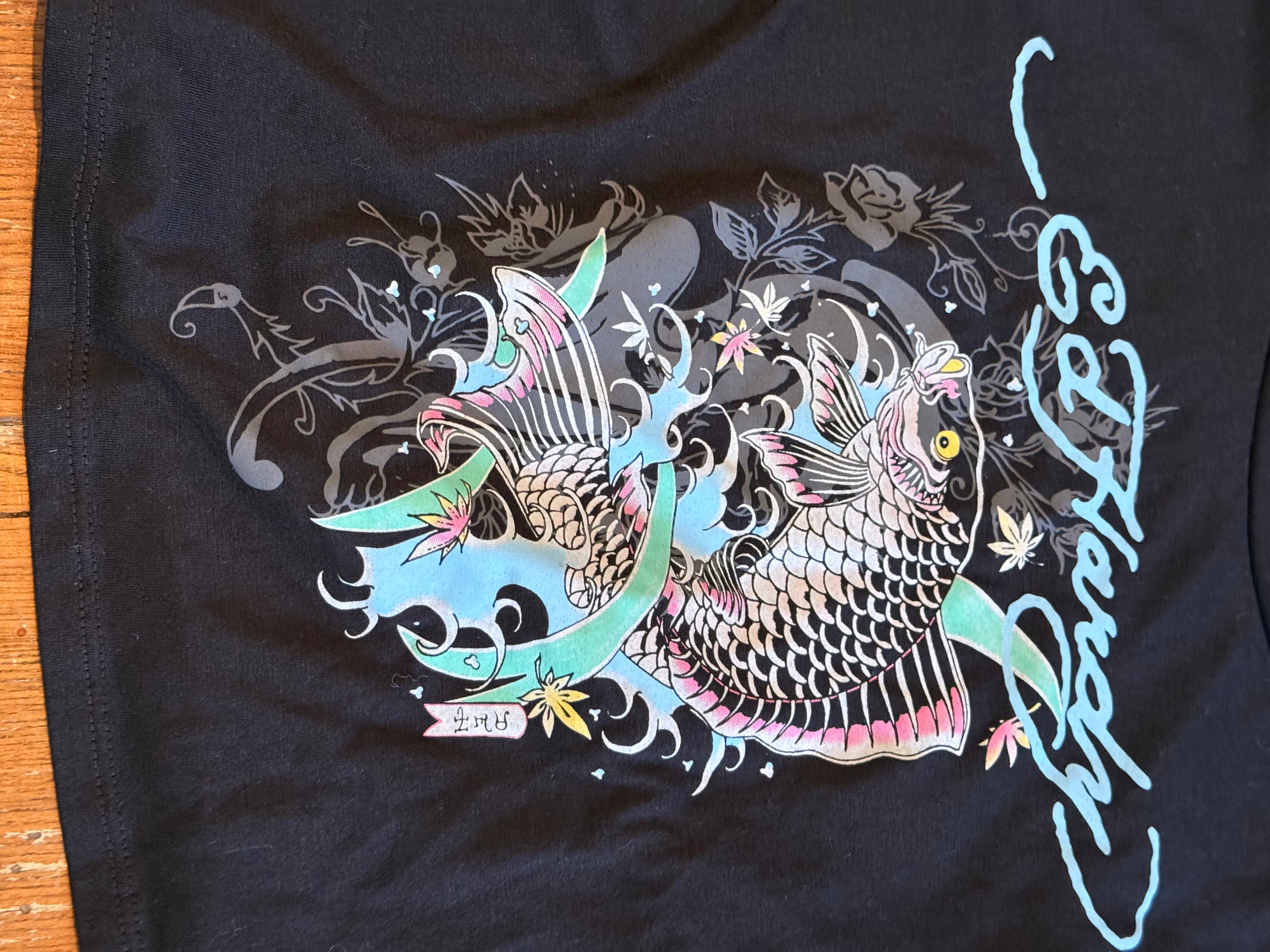 Ed Hardy Y2K Tattoo Graphic Layered Long Sleeve Crop Top – Black Koi Fish Mesh Sleeve Tee