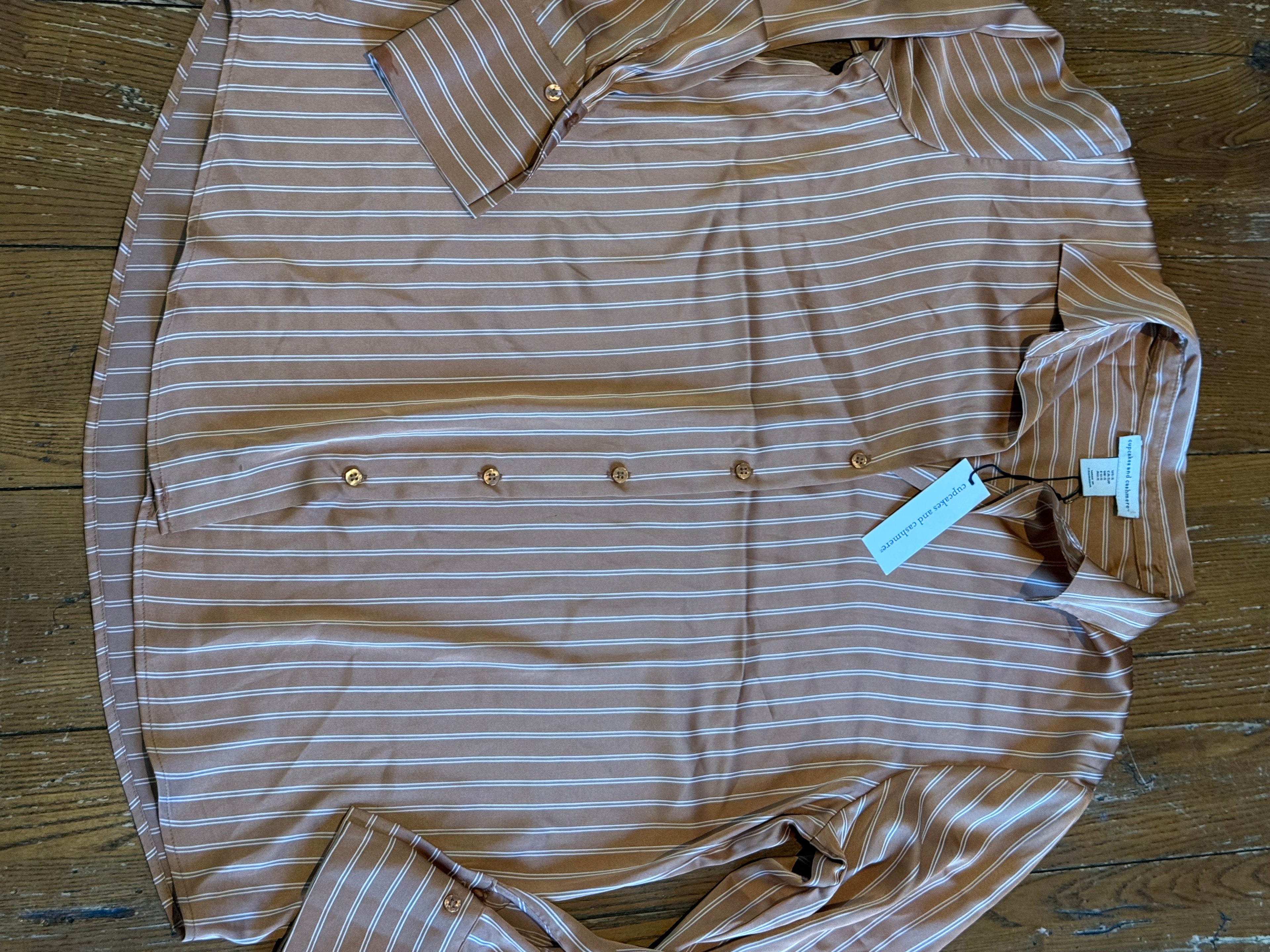 Cupcakes and Cashmere Striped Button-Front Blouse – Rust Brown / Cream – Size S/P