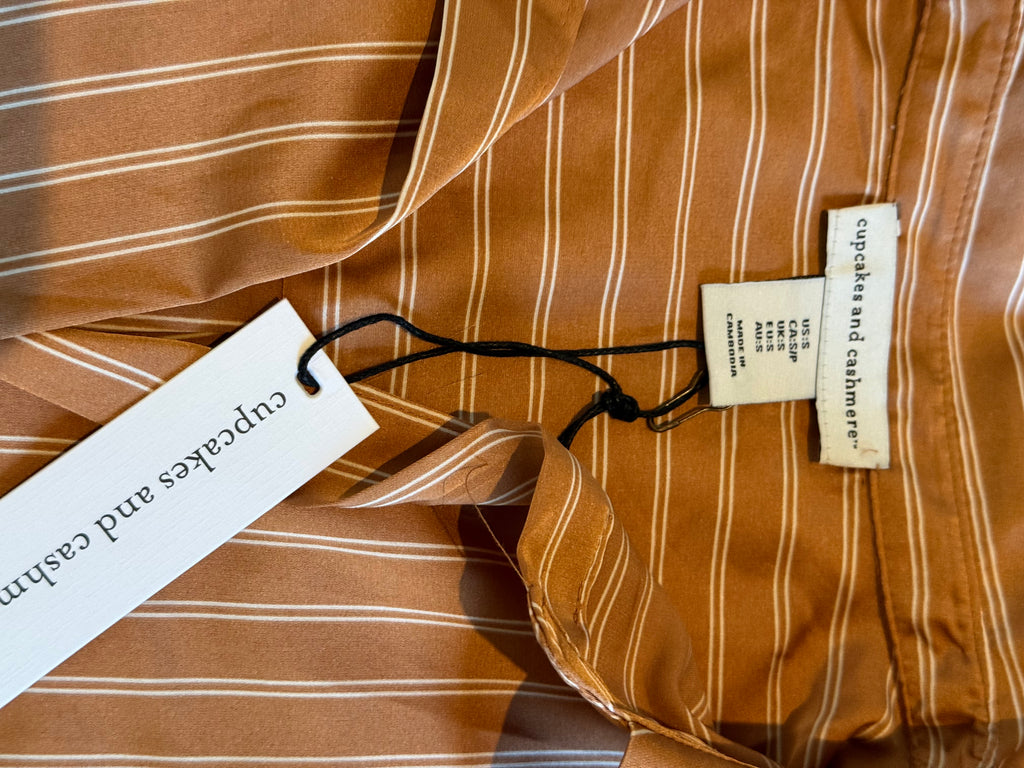 Cupcakes and Cashmere Striped Button-Front Blouse – Rust Brown / Cream – Size S/P
