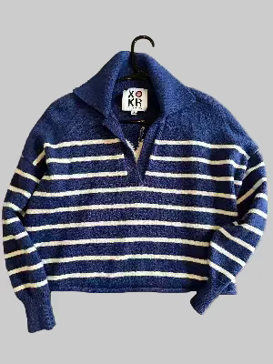 Kerri Rosenthal XO KR Navy & Cream Striped Knit Turtleneck Sweater – Size S