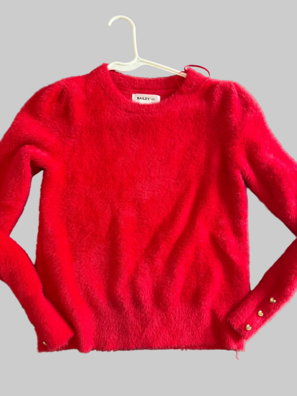 Bailey/44 Red Fuzzy Knit Cardigan with Gold Heart Buttons – Size Small