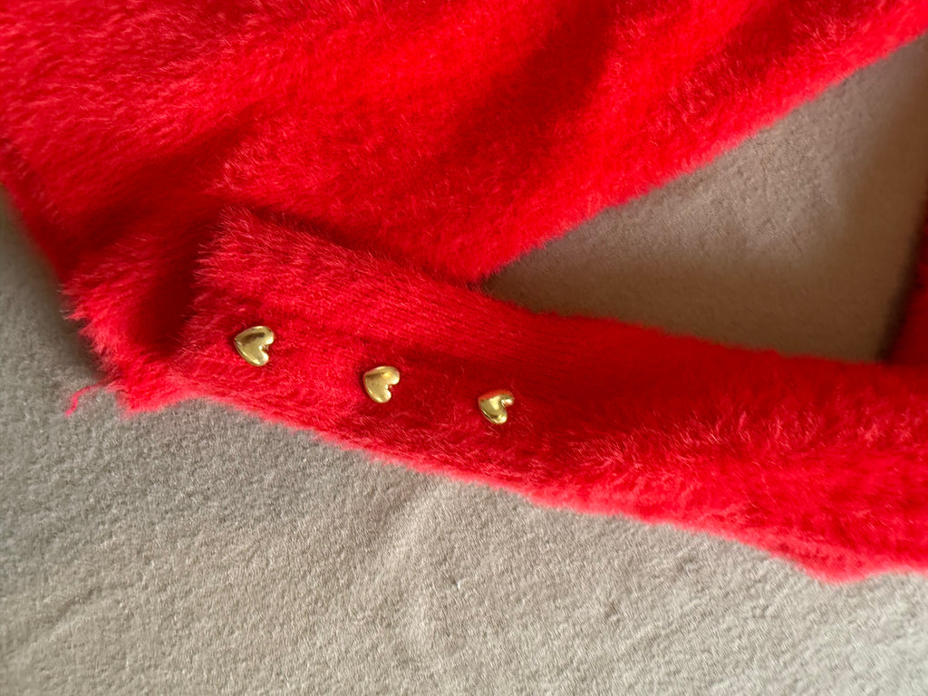 Bailey/44 Red Fuzzy Knit Cardigan with Gold Heart Buttons – Size Small