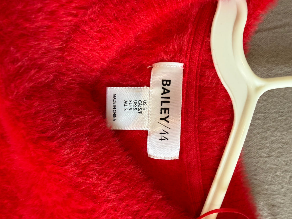 Bailey/44 Red Fuzzy Knit Cardigan with Gold Heart Buttons – Size Small