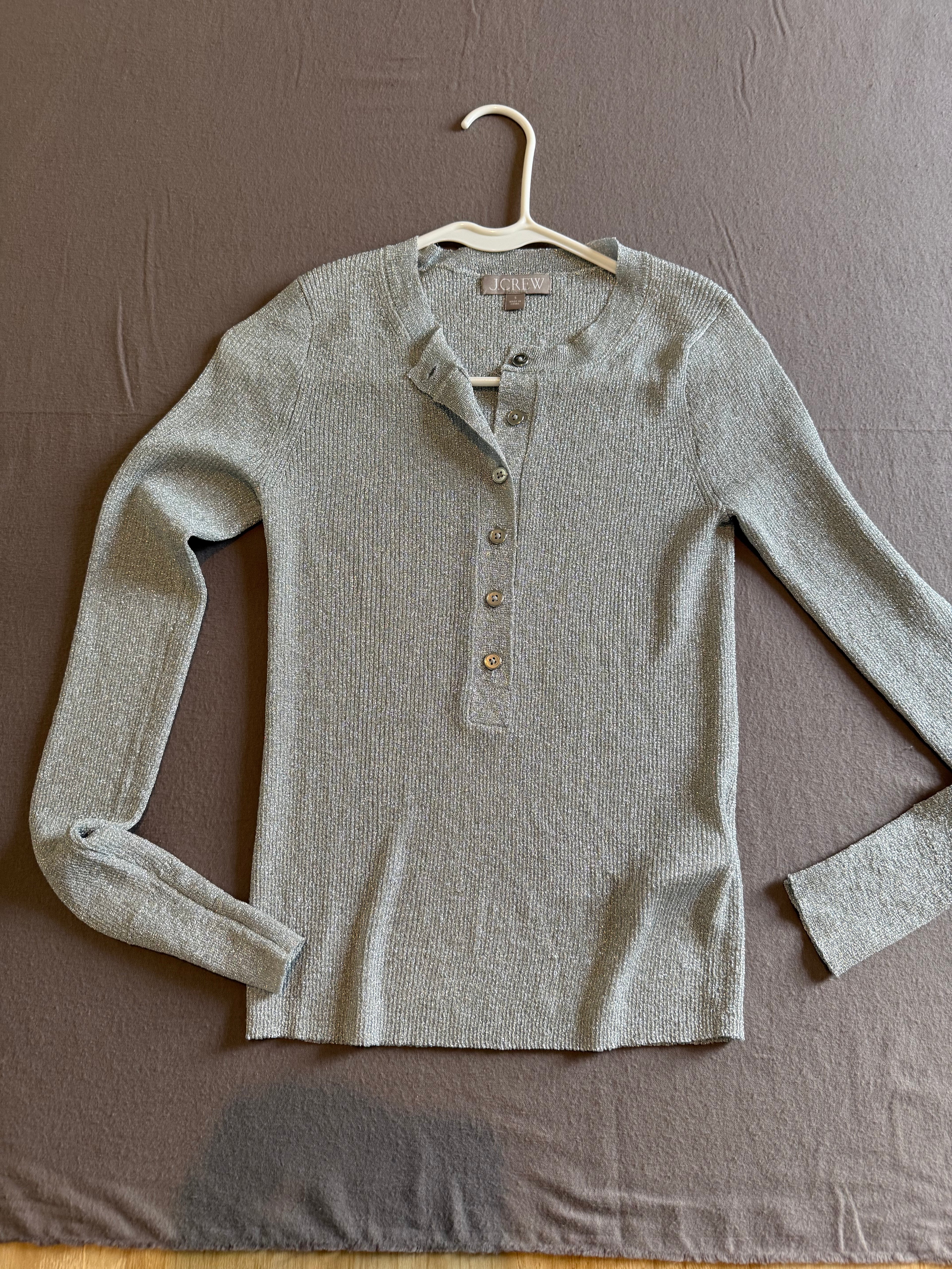 J.Crew Metallic Silver Ribbed Henley Long Sleeve Top – Size Small