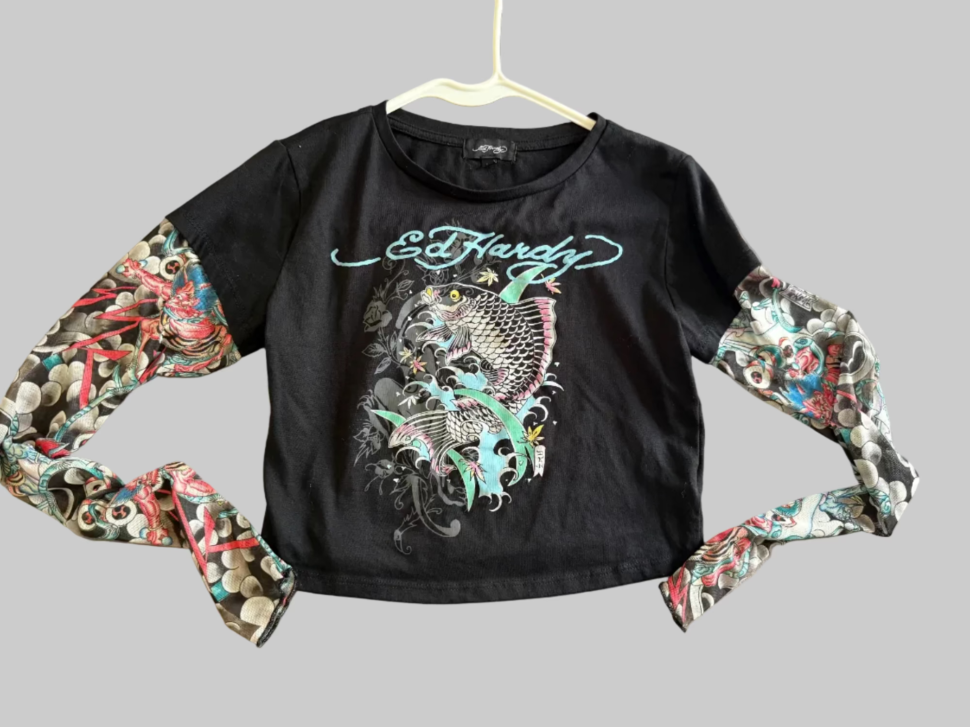 Ed Hardy Tattoo Graphic Layered Sleeve Top – Black – Size M