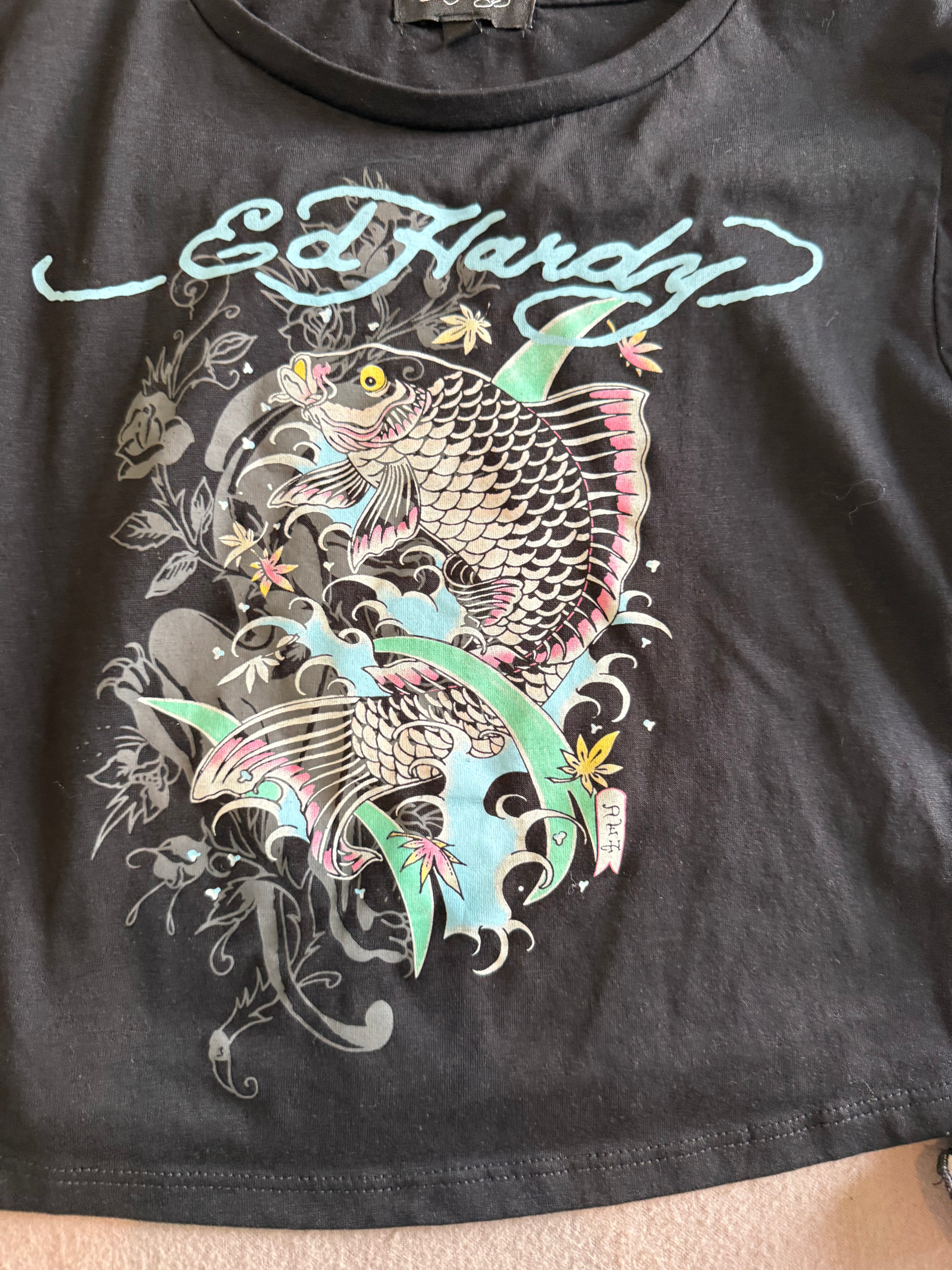 Ed Hardy Tattoo Graphic Layered Sleeve Top – Black – Size M