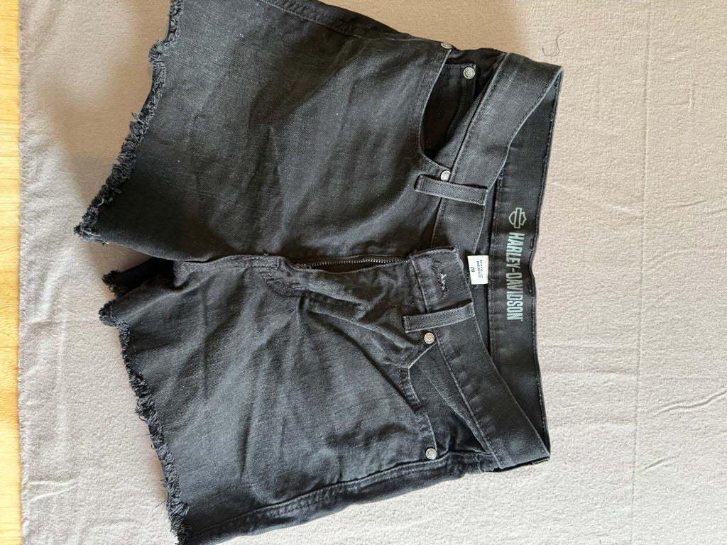 Harley-Davidson Black Denim Cutoff Shorts Size 26 Raw Hem Biker Moto