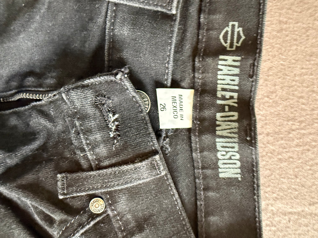 Harley-Davidson Black Denim Cutoff Shorts Size 26 Raw Hem Biker Moto