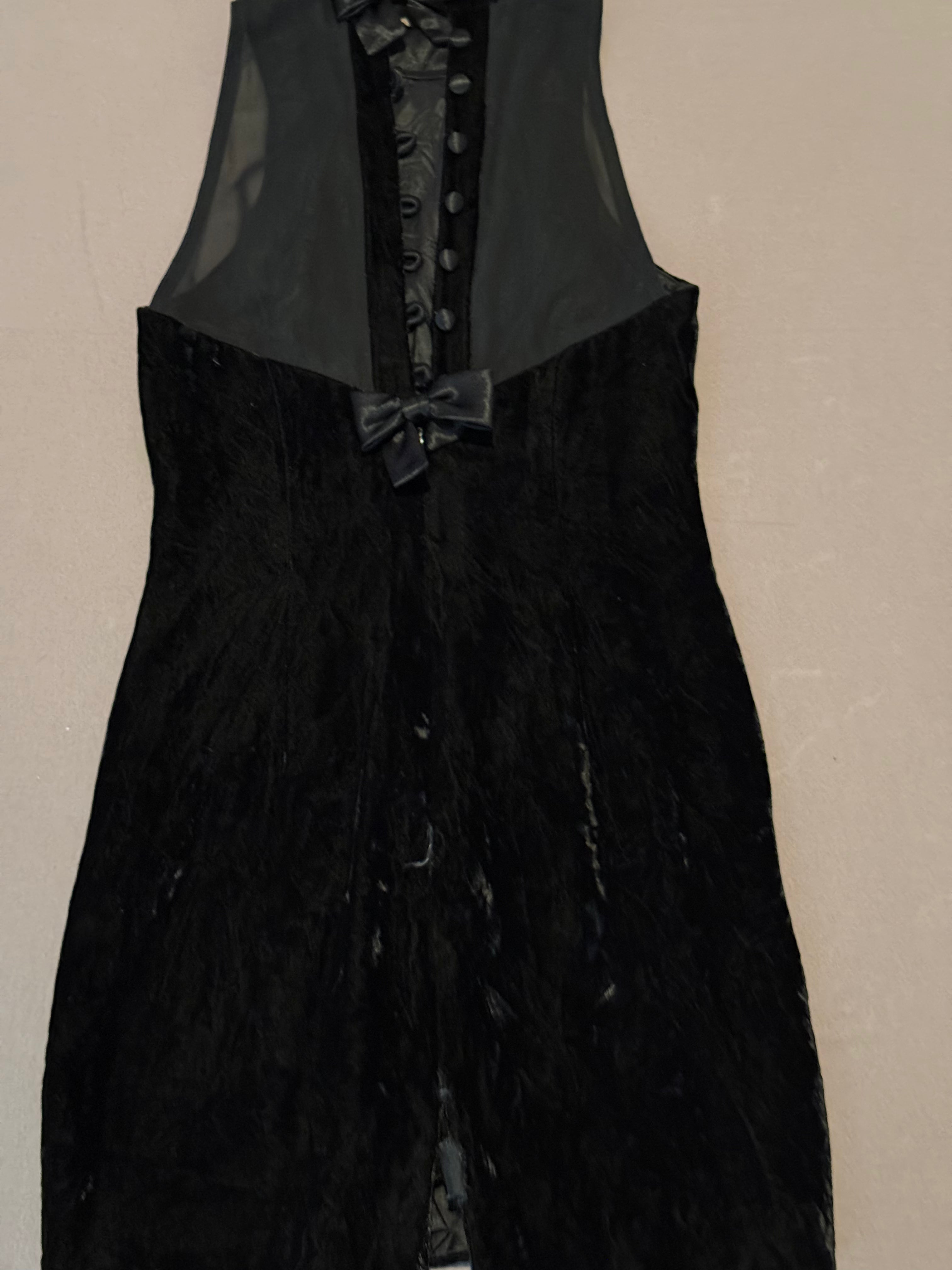 Vintage Donna Ricco Petite Black Velvet & Sheer Bow Dress Size 6