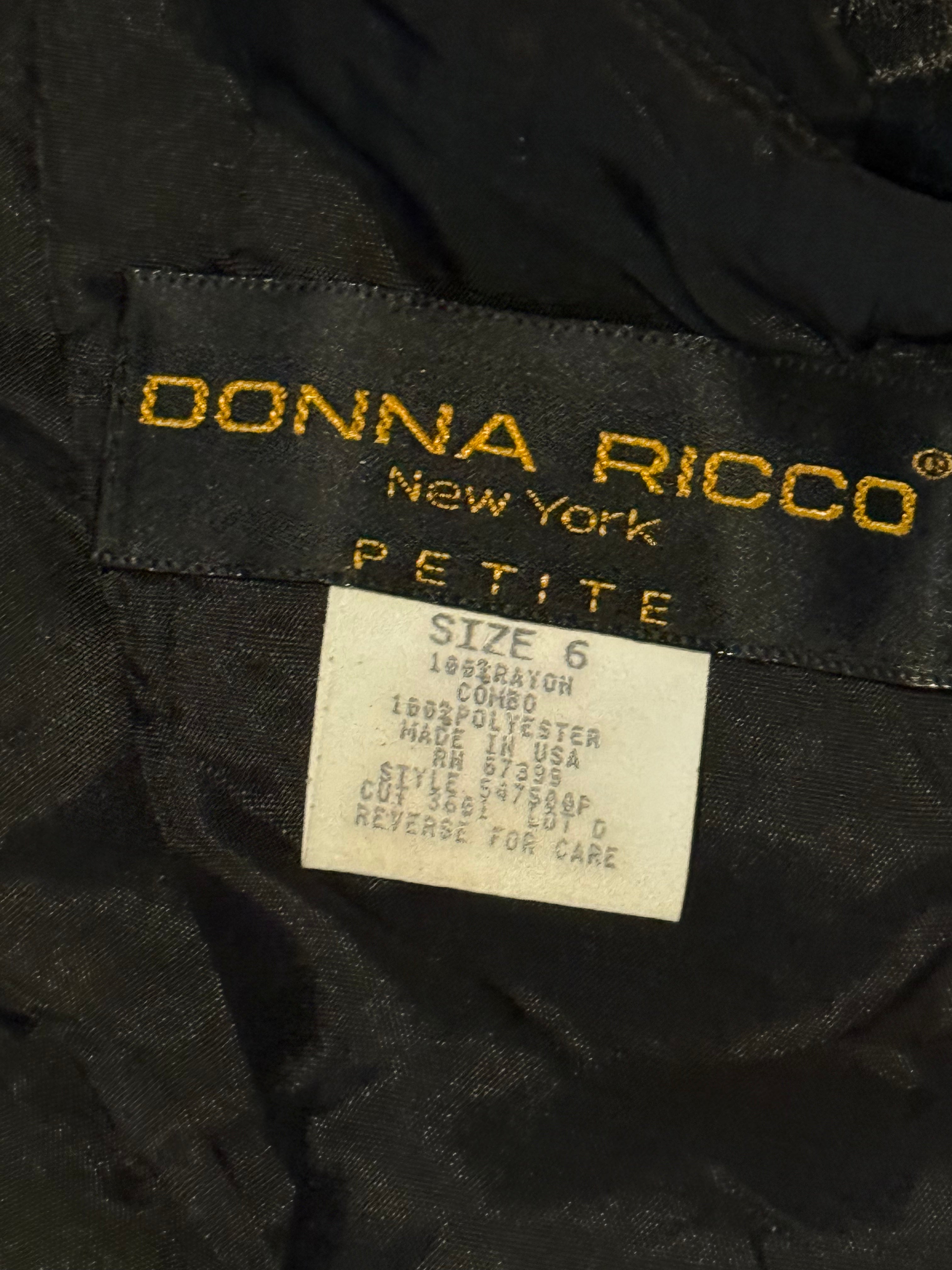Vintage Donna Ricco Petite Black Velvet & Sheer Bow Dress Size 6