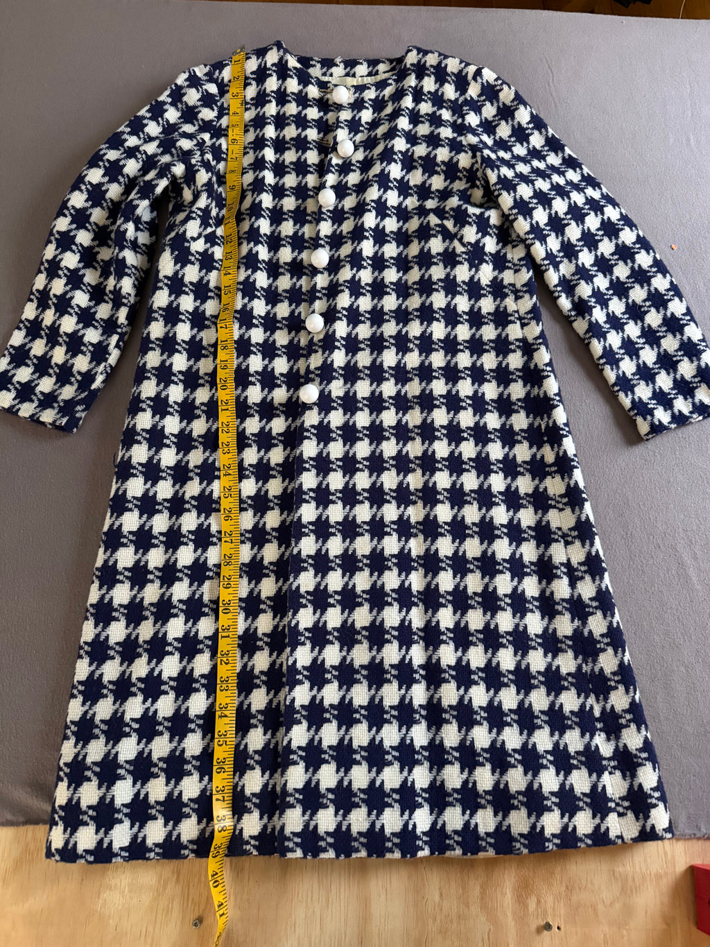 Vintage Navy & Ivory Houndstooth Button Front Coat | 1960s Mod Style