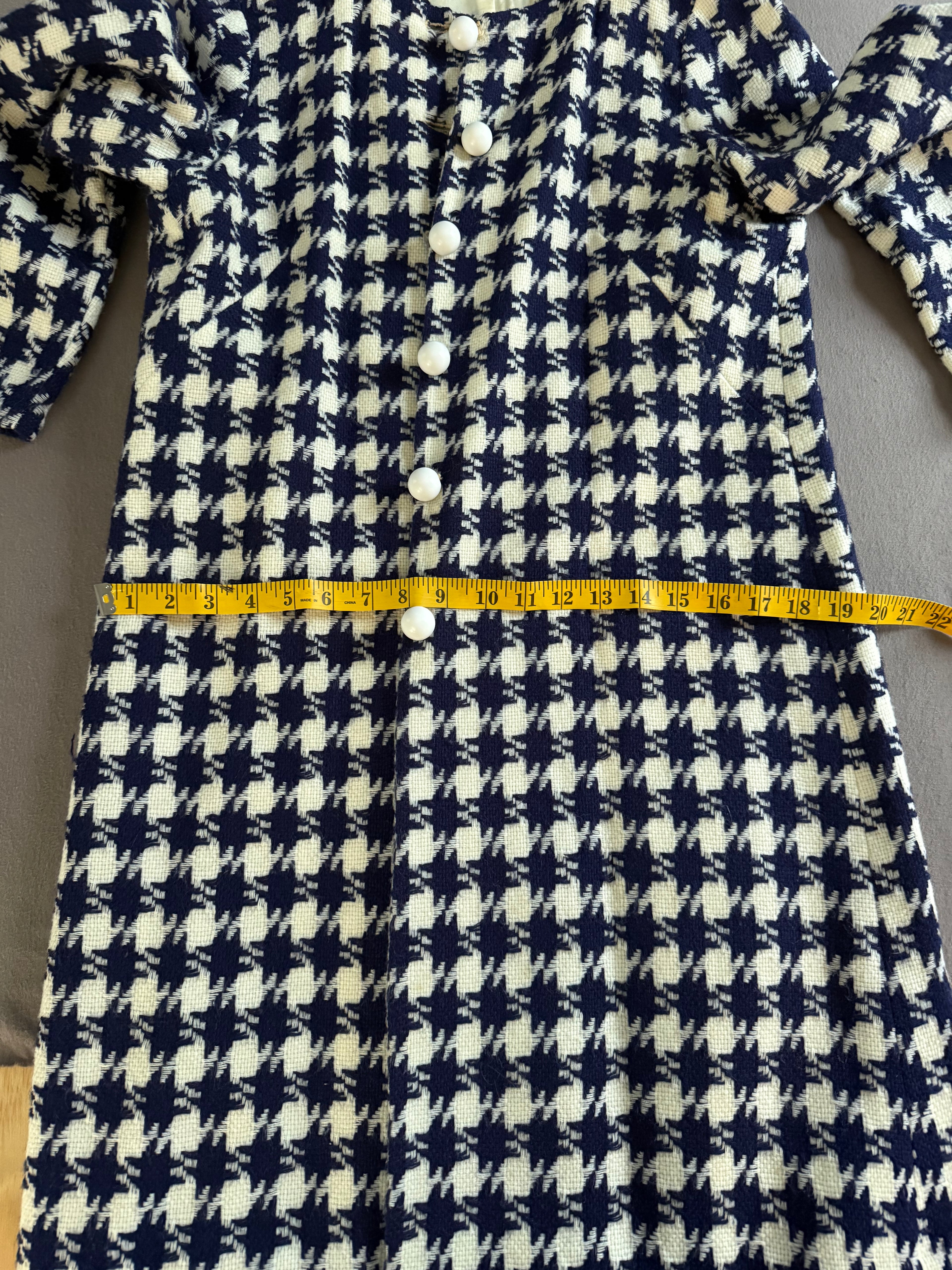 Vintage Navy & Ivory Houndstooth Button Front Coat | 1960s Mod Style