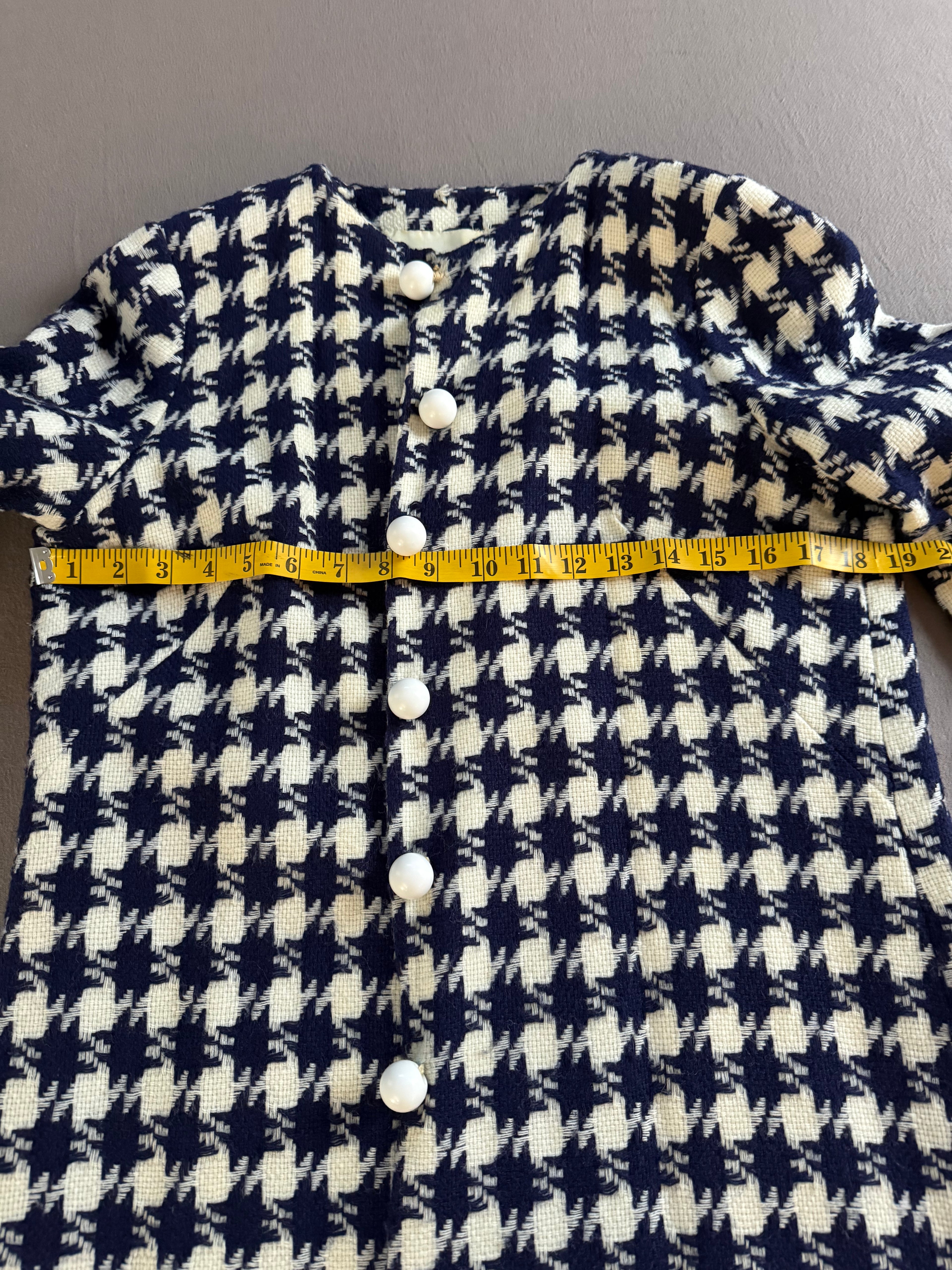 Vintage Navy & Ivory Houndstooth Button Front Coat | 1960s Mod Style