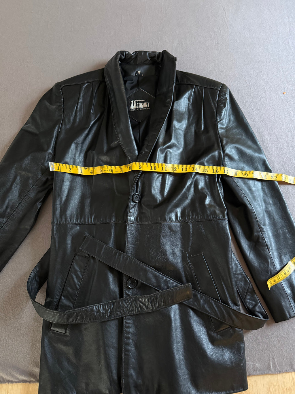 Vintage Black Genuine Leather Belted Jacket Coat – Made in Argentina – Size M/L Estimated